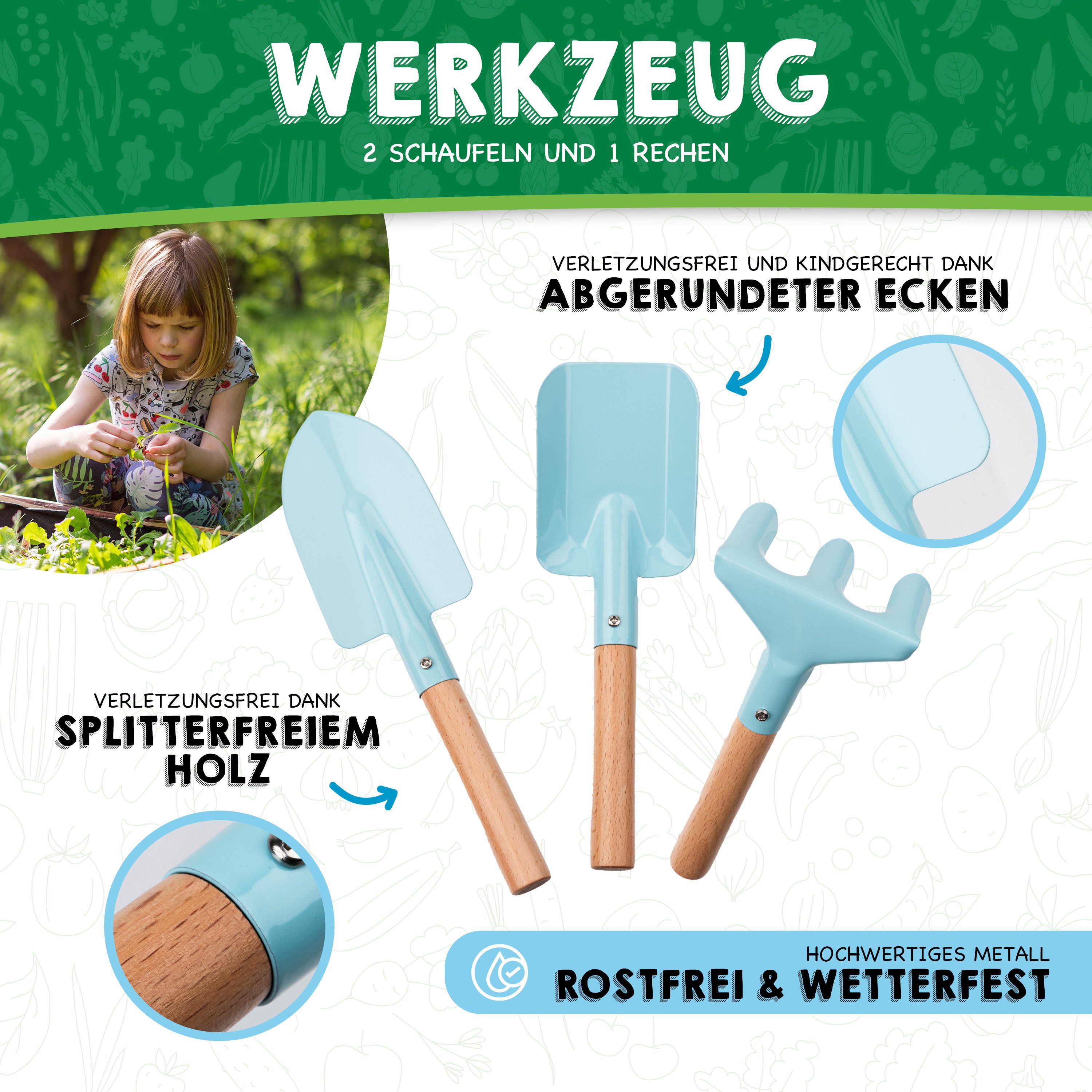 PHIBER-SPORTS Spielzeug-Gartenset PHIBER-SPORTS Kinder Gartenwerkzeug Set mit Kindergartenbuch, (Gartengeräte für Kinder ab 3 Jahre, auch für Sand und Strand, 11-tlg), Garten Werkzeug aus Metall, Gießkanne, Gartenhandschuhe, Tasche