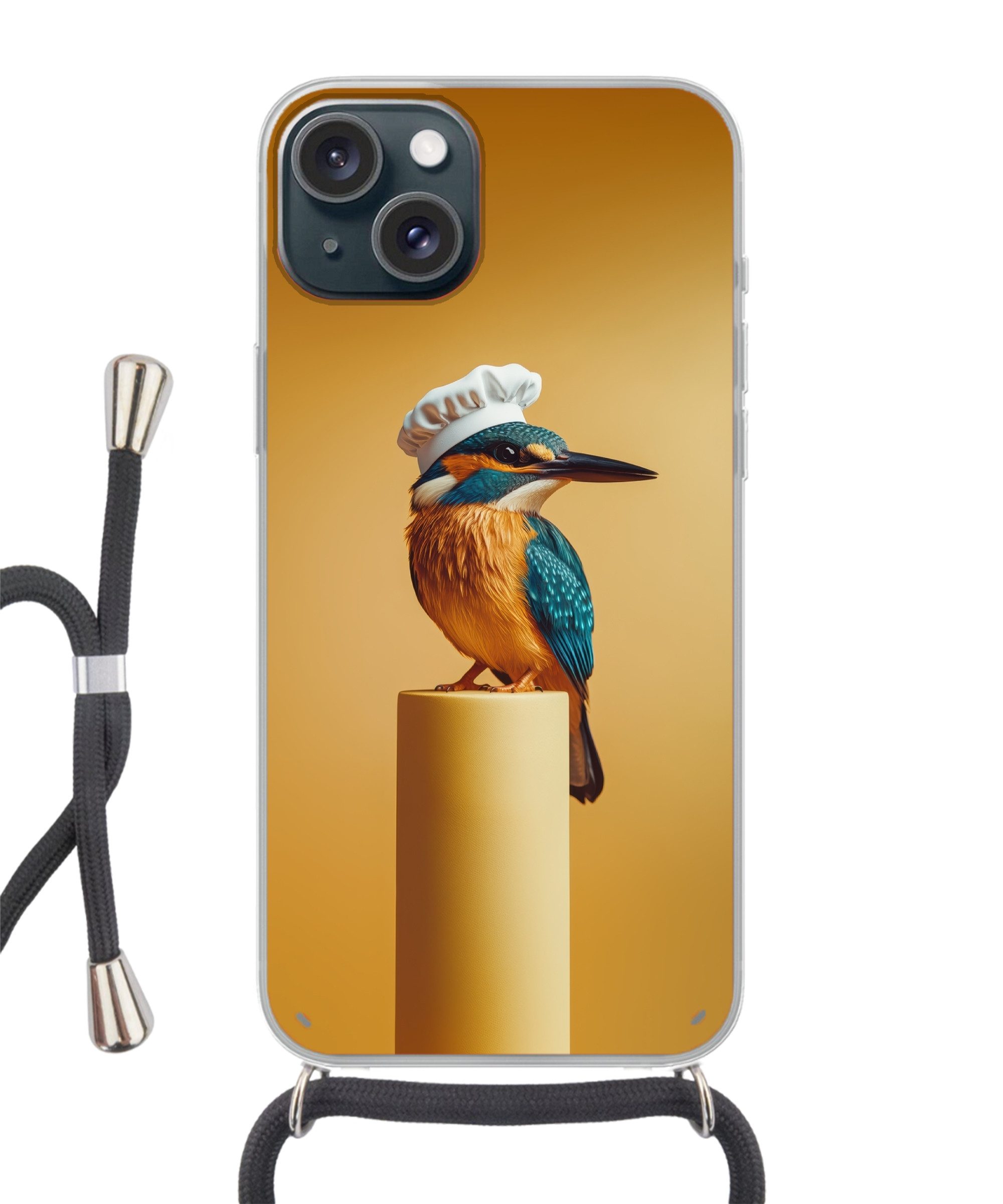 MuchoWow Handyhülle für Apple iPhone 15 Eisvogel - Säule - Kochmütze - Vogel, Tragbare Handyhüllen mit Kette zum umhängen, Handykette Handyband