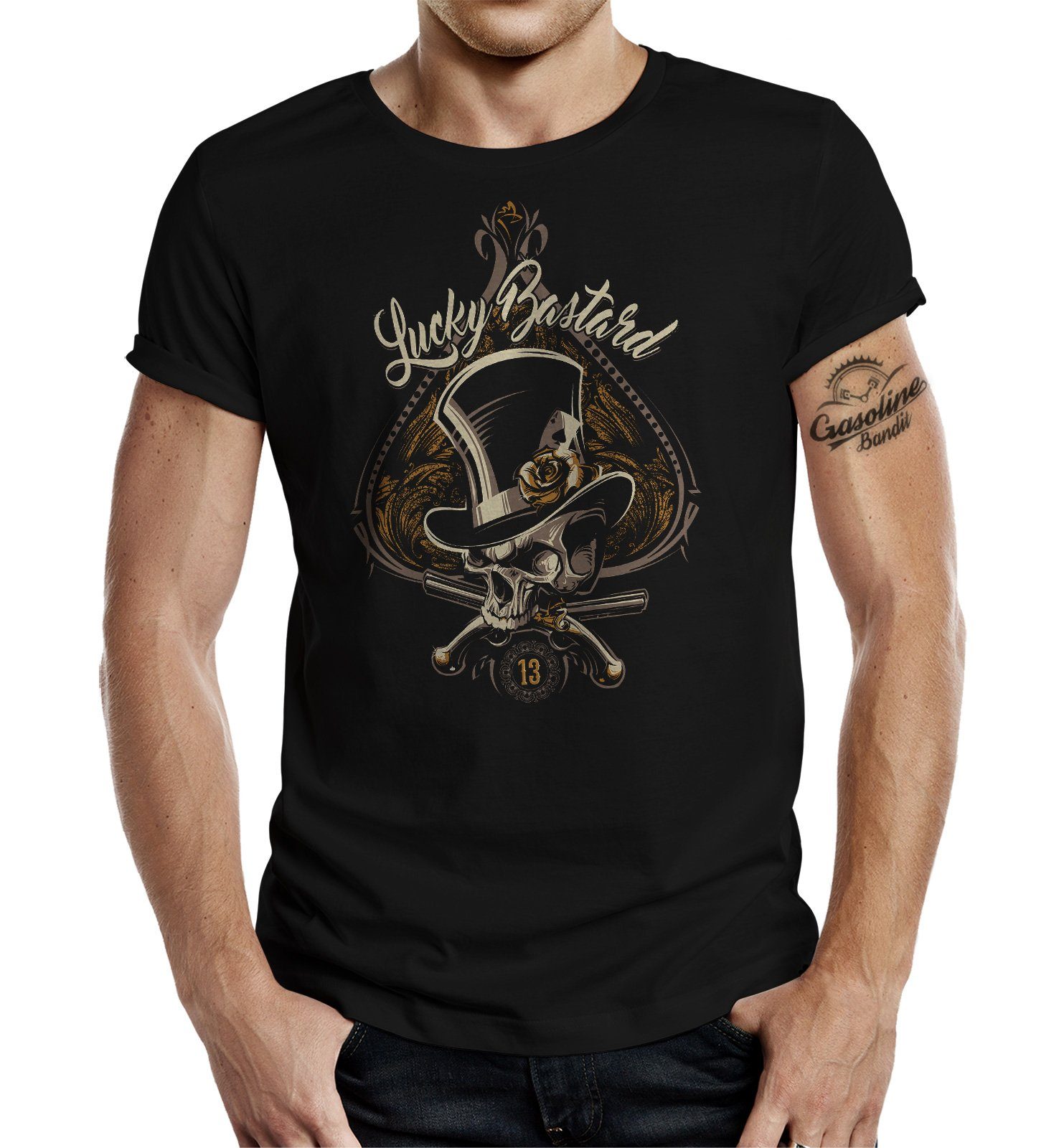 GASOLINE BANDIT® T-Shirt für Biker im Rockabilly Racer Hot Rod Design: Lucky Bastard