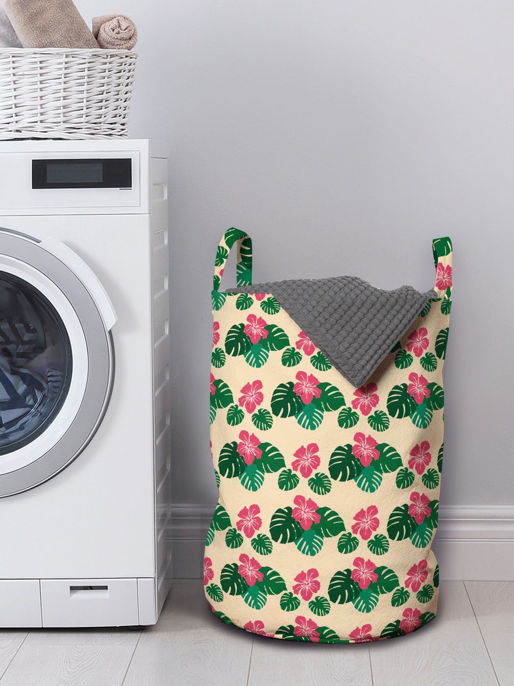 Kordelzugverschluss für Wäschesäckchen Wäschekorb Blätter Tropisch Regen-Wald-Blüte Abakuhaus Waschsalons, mit Griffen