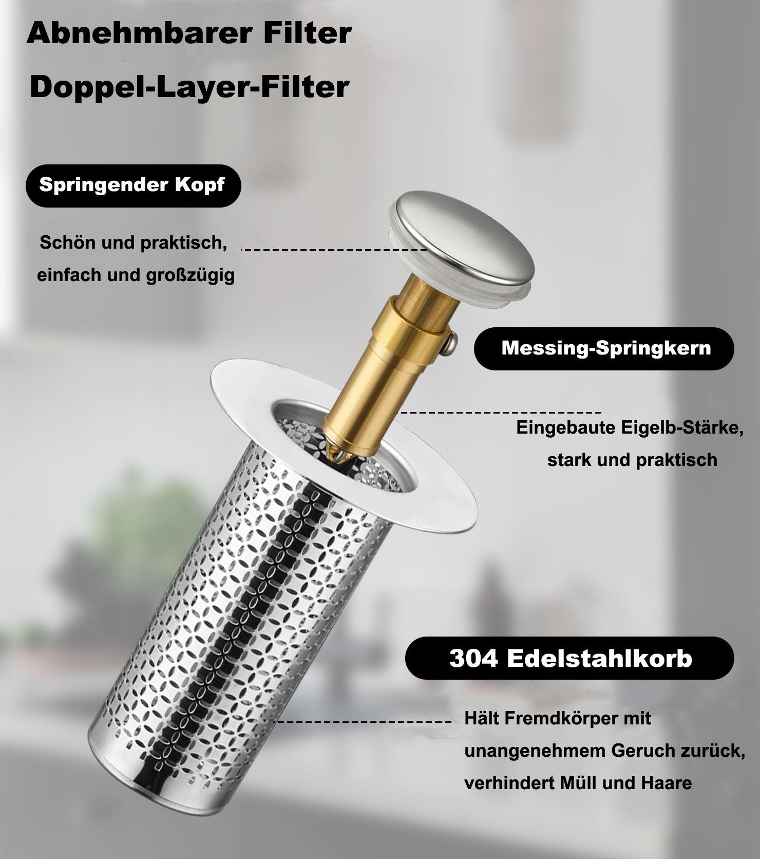 Coonoor Waschbeckenstöpsel Edelstahl Pop-Up Abflussstopfen mit Anti-Verstopfungs-Filter, (1 St), Universeller Pop-Up Abflussstöpsel für Waschbecken, Küche, Bad