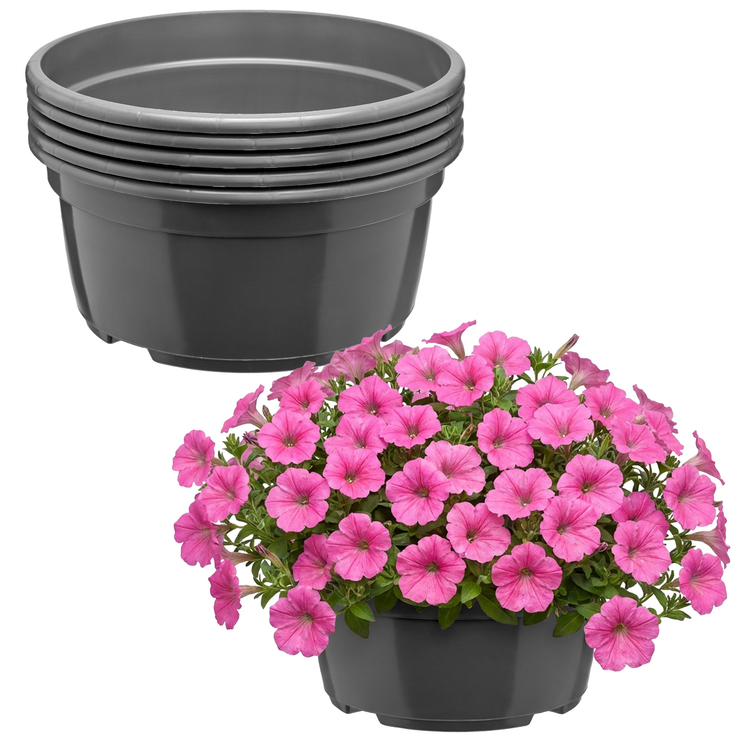 Garronda Blumentopf rund Pflanzschale Kunststoff mit Drainage für Wurzelpflanzen GD-0207A (5 St., 5er Set)