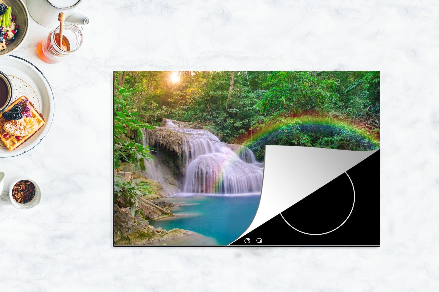 - für küche, - tlg), Natur, 80x52 - Wasserfall Regenbogen Sonne Vinyl, die Schutz Herdblende-/Abdeckplatte cm, (1 Ceranfeldabdeckung Induktionskochfeld MuchoWow