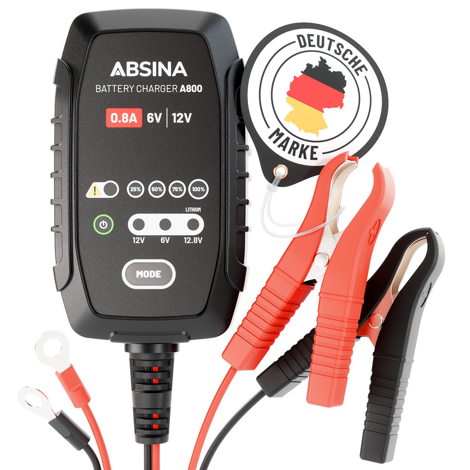 ABSINA Motorradbatterie Ladegerät - Motorrad Erhaltungsladegerät für 6V & 12V Autobatterie-Ladegerät (800 mA, 1-tlg)