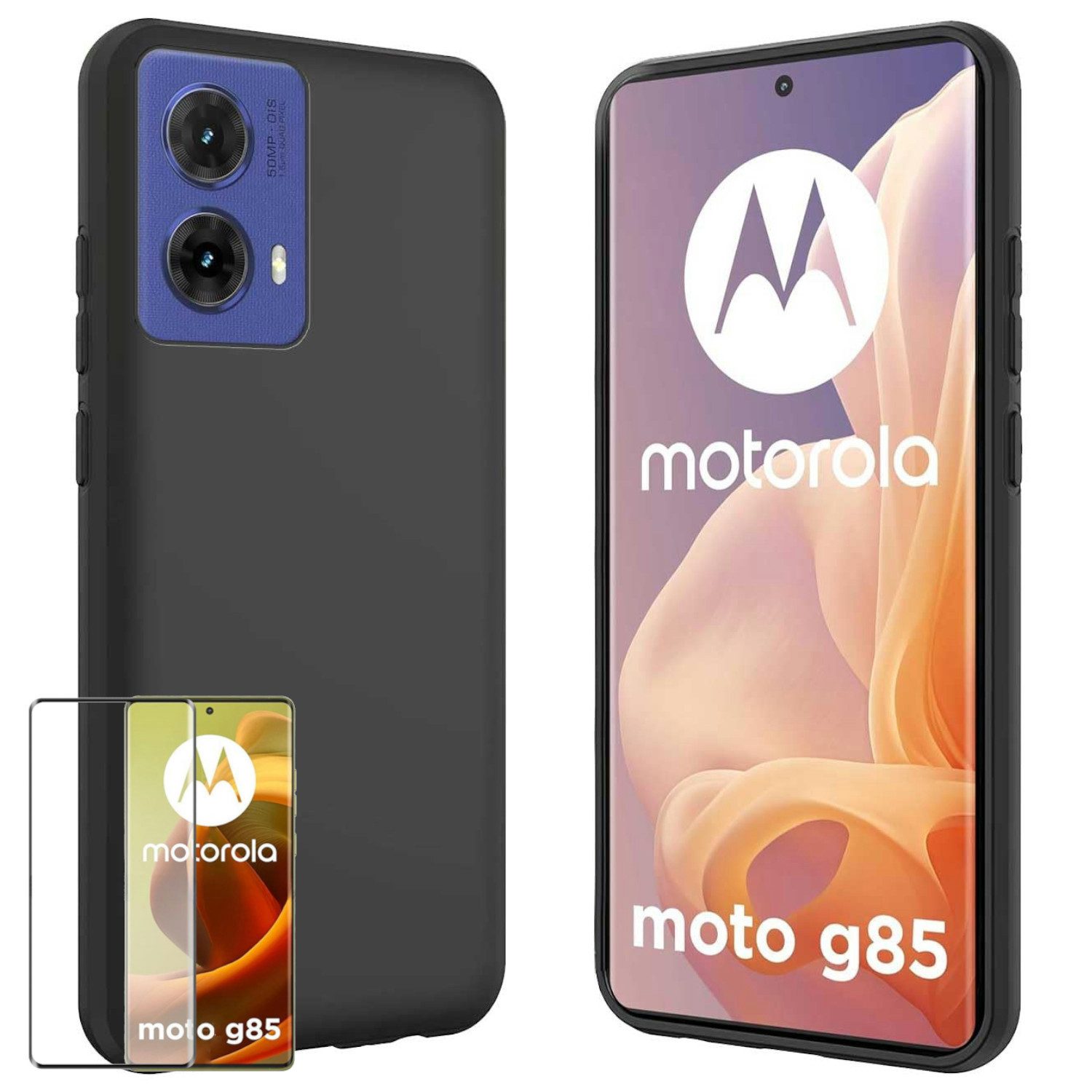 Wigento Handyhülle Für Motorola Moto G85 5G TPU Silikon Hülle Schwarz + 4D Curved Glas, Produktset TPU Hülle mit Curved Glas