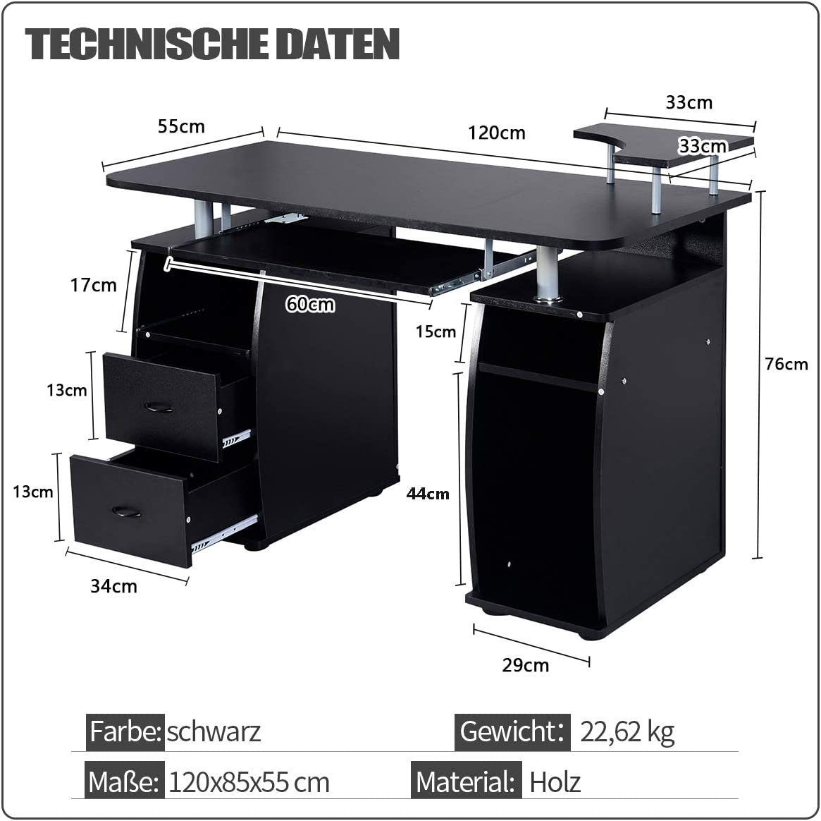 mit Schwarz Schreibtisch, Computertisch KOMFOTTEU 120x55x76cm, Tastaturauszug,