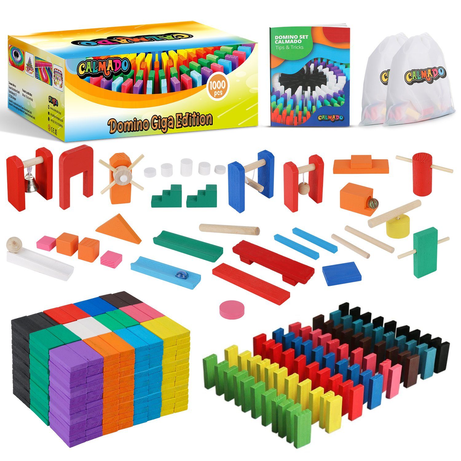 Calmado Spielesammlung Domino Steine Spiel aus Holz Dominosteine im Set + Tasche + Anleitung