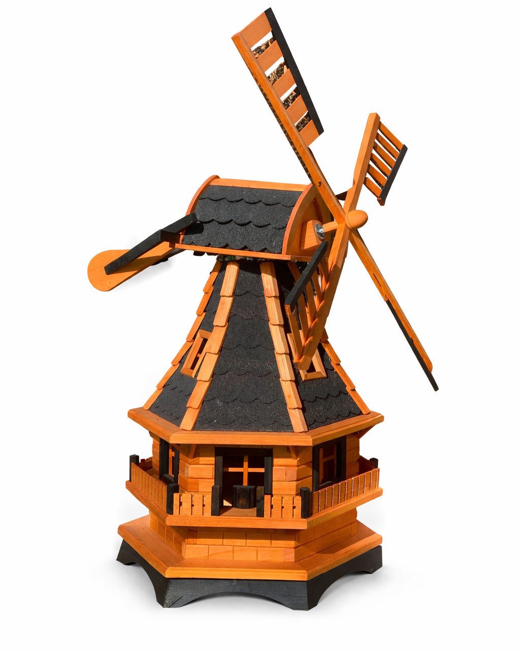 Holzdekoladen Deko-Windrad XL Gartenwindmühle Holz 130 cm mit Solar LED weiß drehbar