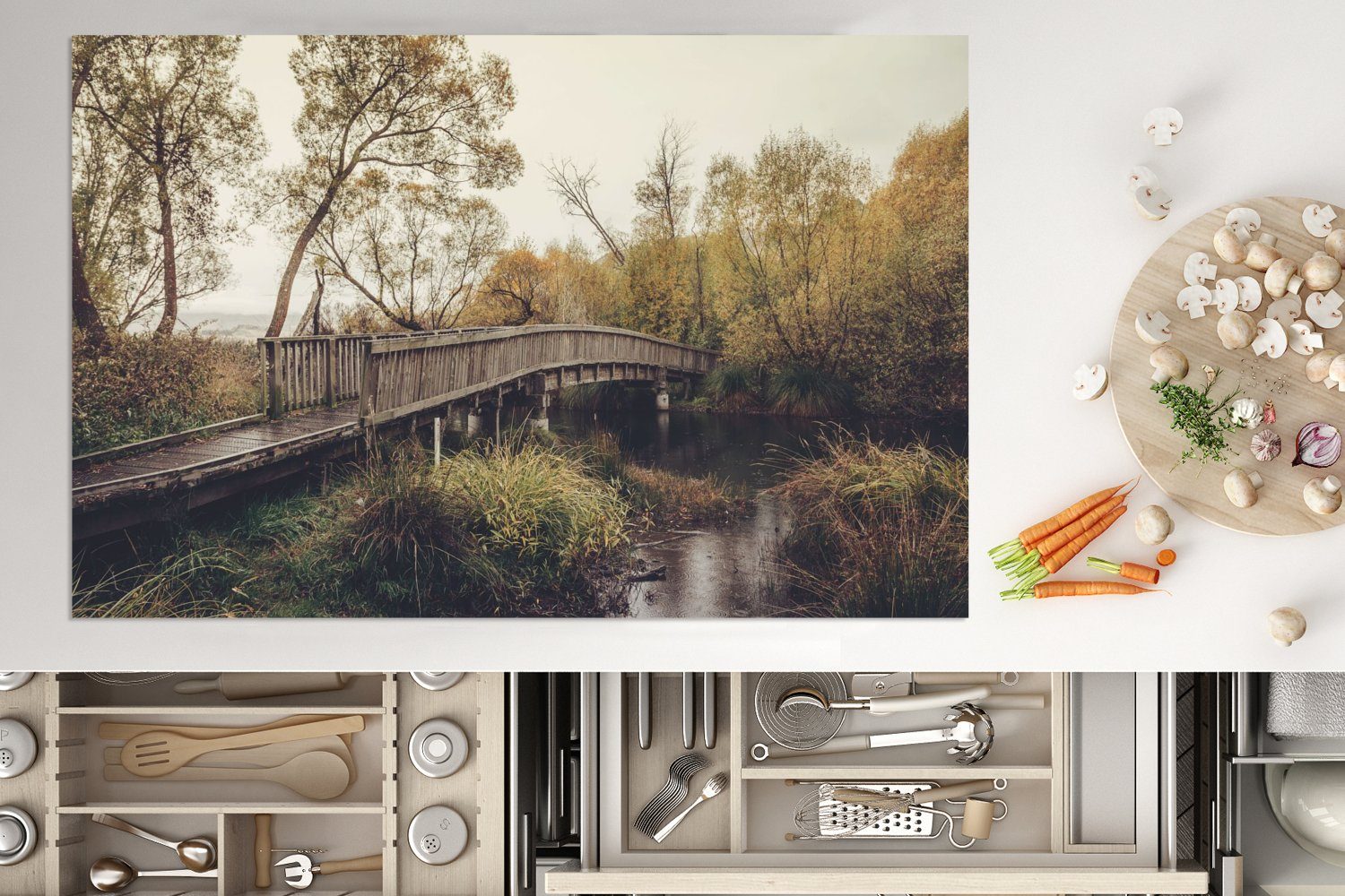MuchoWow Herdblende-/Abdeckplatte Herbst - Brücke für Bäume, Vinyl, Induktionskochfeld (1 tlg), Schutz die küche, - Ceranfeldabdeckung 80x52 cm