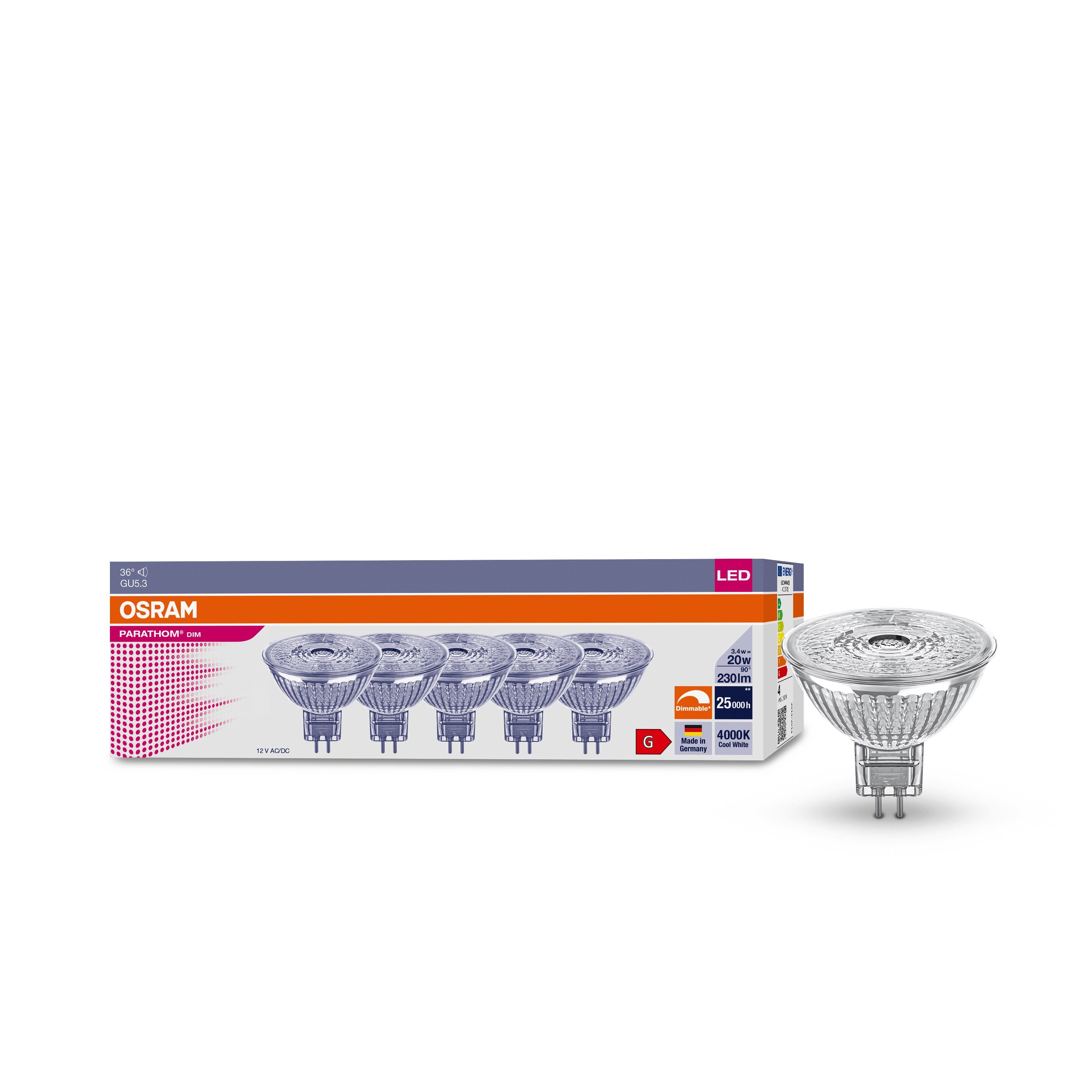 Osram LED-Leuchtmittel 5er OSRAM LED GU5,3 3,4W = 20W Reflektor 12V 230lm 36° Kalt 4000K DIM, GU 5,3, Kaltweiß