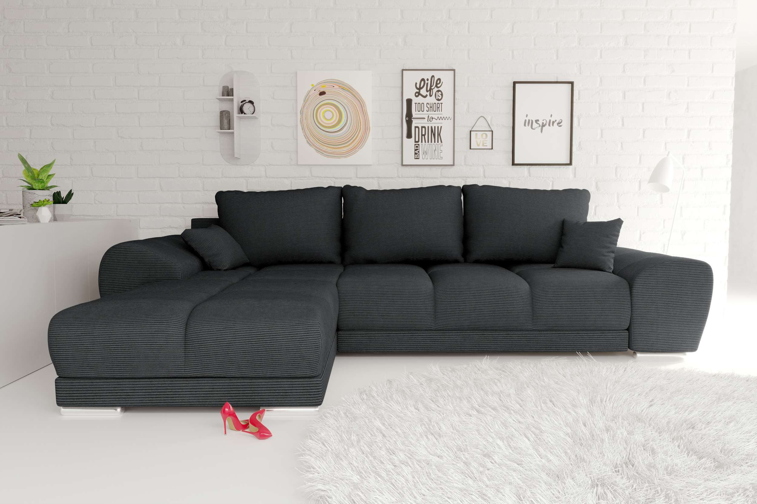 99rooms Ecksofa Antalya, Sofa L-Form, Eckcouch, mit Rückenkissen, Schlaffunktion, Cordstoff POSO