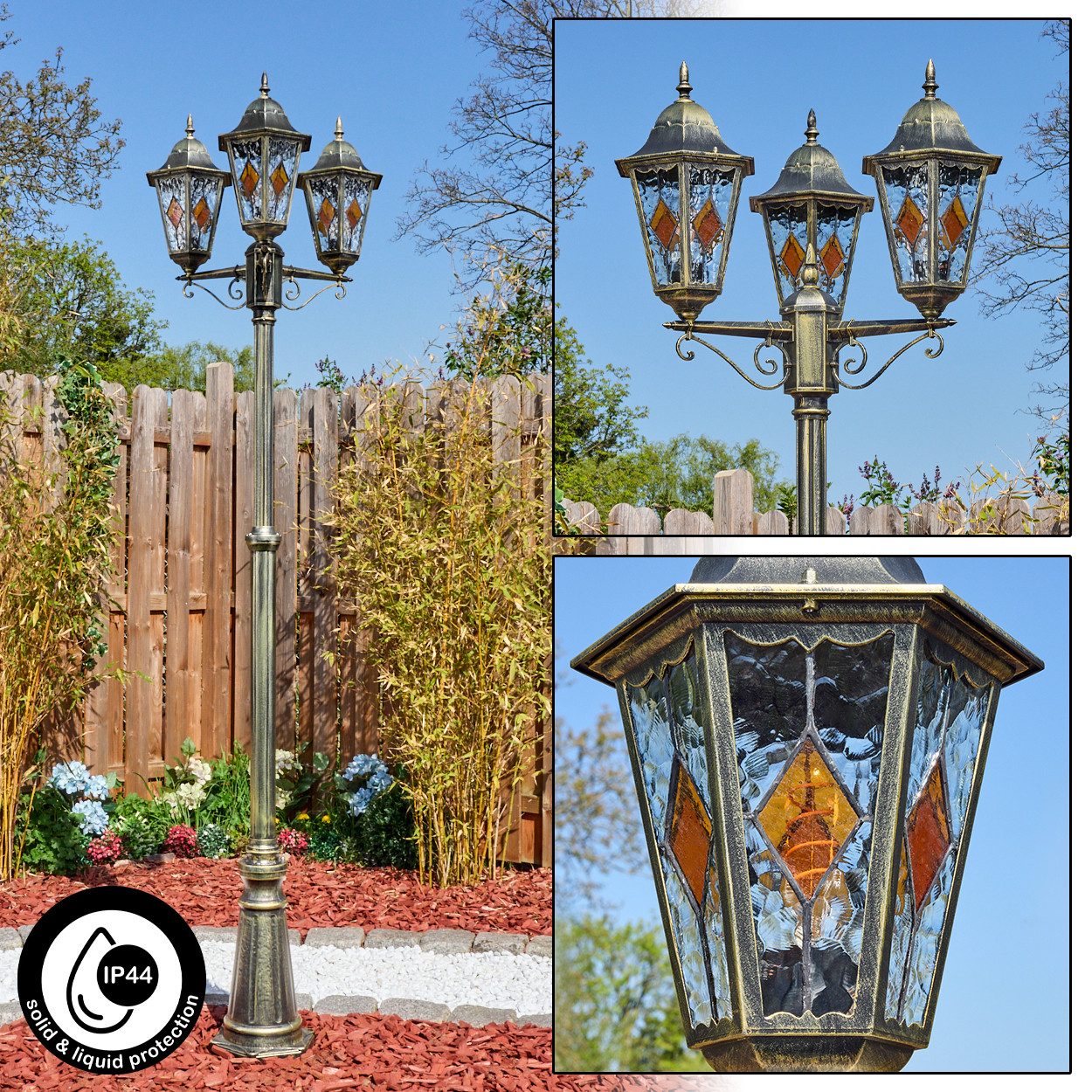 hofstein Pollerleuchte Außenwegeleuchte aus Metall/Glas in Braun/Gold/Klar/Orange, Wegelampe im Antik/Landhaus/Vintage-Design, Höhe 245 cm, E27, IP44