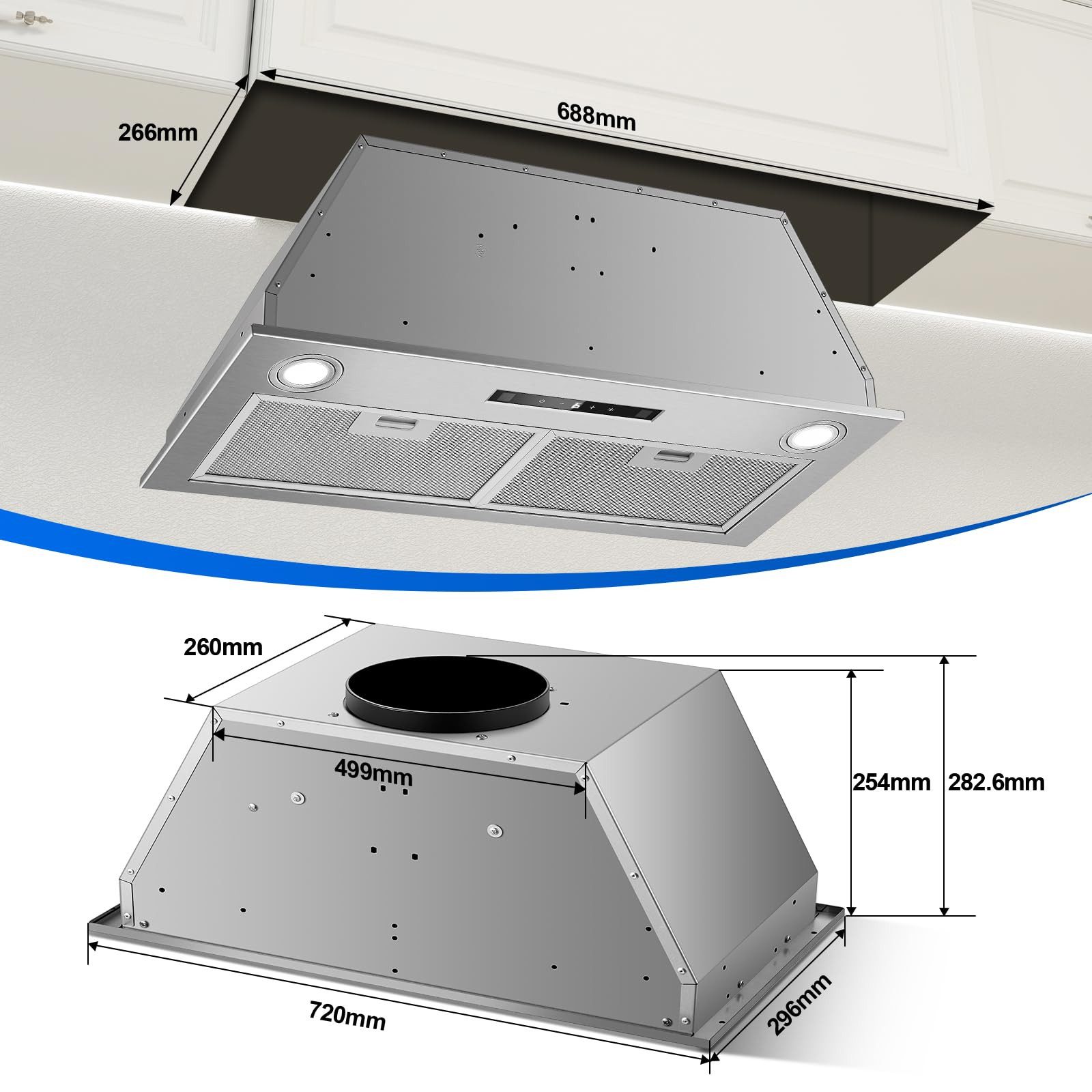SNDOAS Kopffreihaube Einbau Dunstabzugshaube 72cm mit 400m³/h starker Absaugleistung Einbau Dunstabzugshaube 72cm mit 400m³/h starker Absaugleistung, 3 Leistungsstufen + Booster, Abluft/Umluft A++