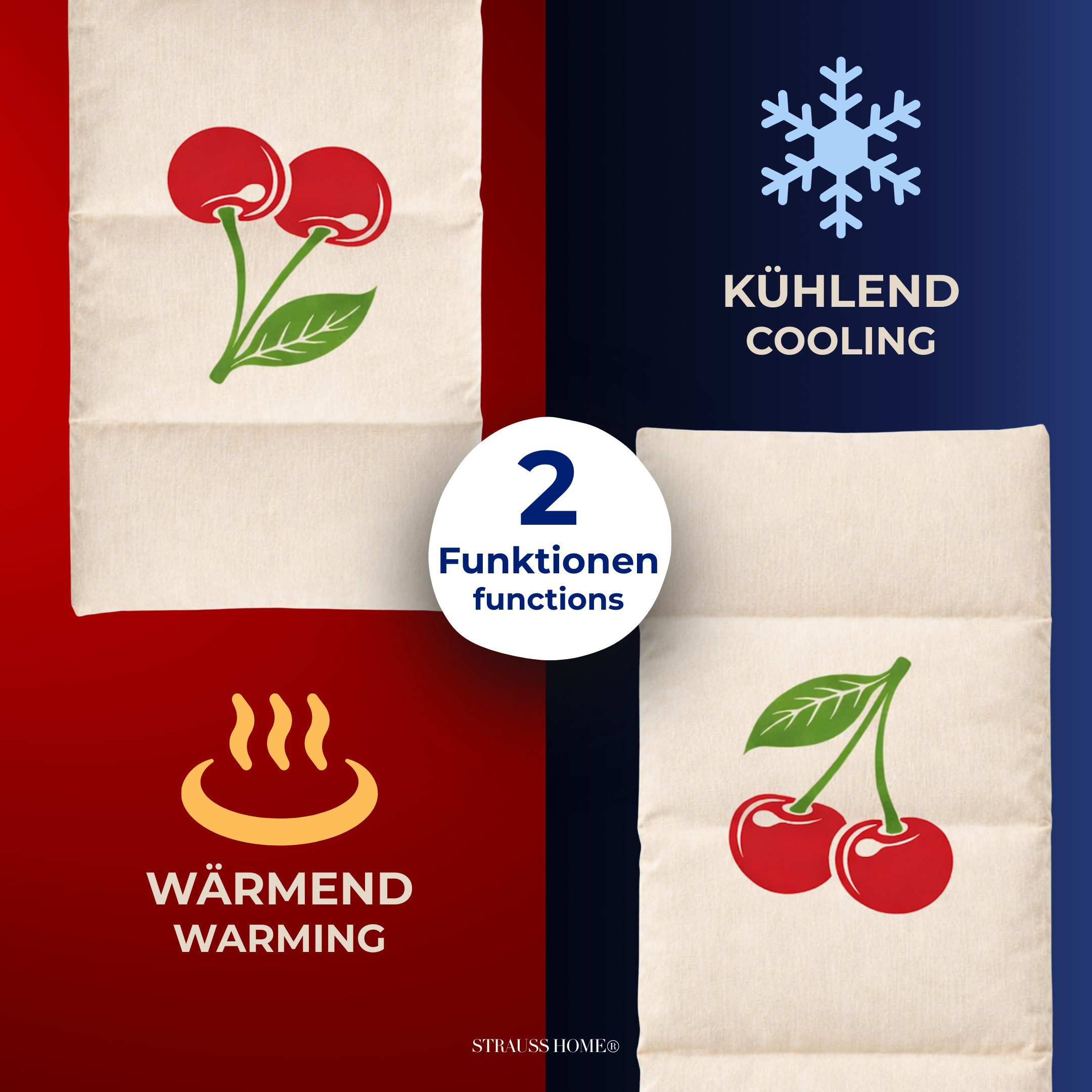 Strauss Home Wärmekissen Kirschkernkissen groß – mikrowellengeeignetes Wärmekissen – 20x50 cm, (1-tlg), gegen Verspannungen oder Koliken – Kirschkerne – waschbarer Bezug