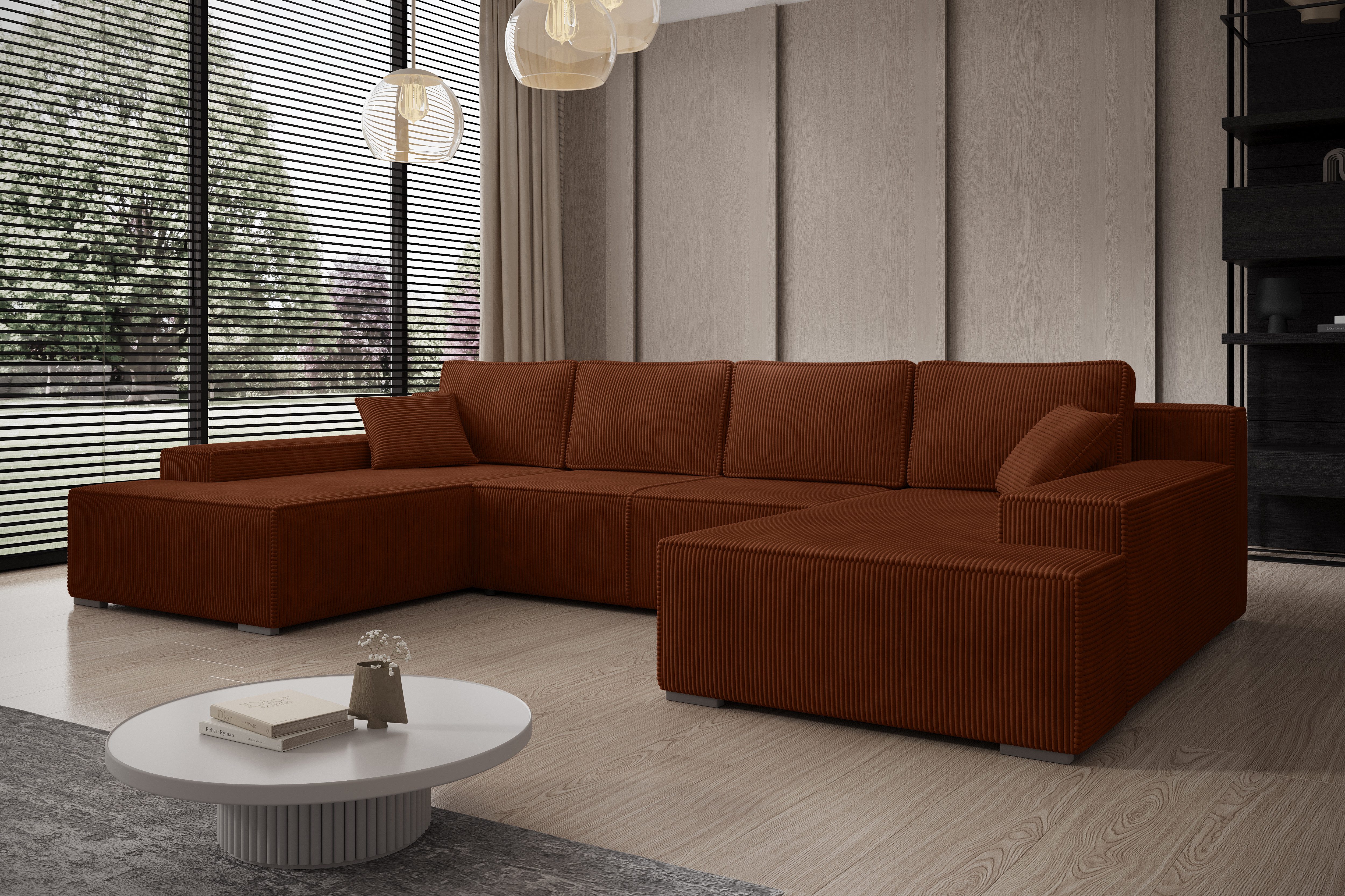 PROMETO Мебель Ecksofa Ecksofa Couch U-Form mit Schlaffunktion, POSO-Stoff Cordstoff Milo