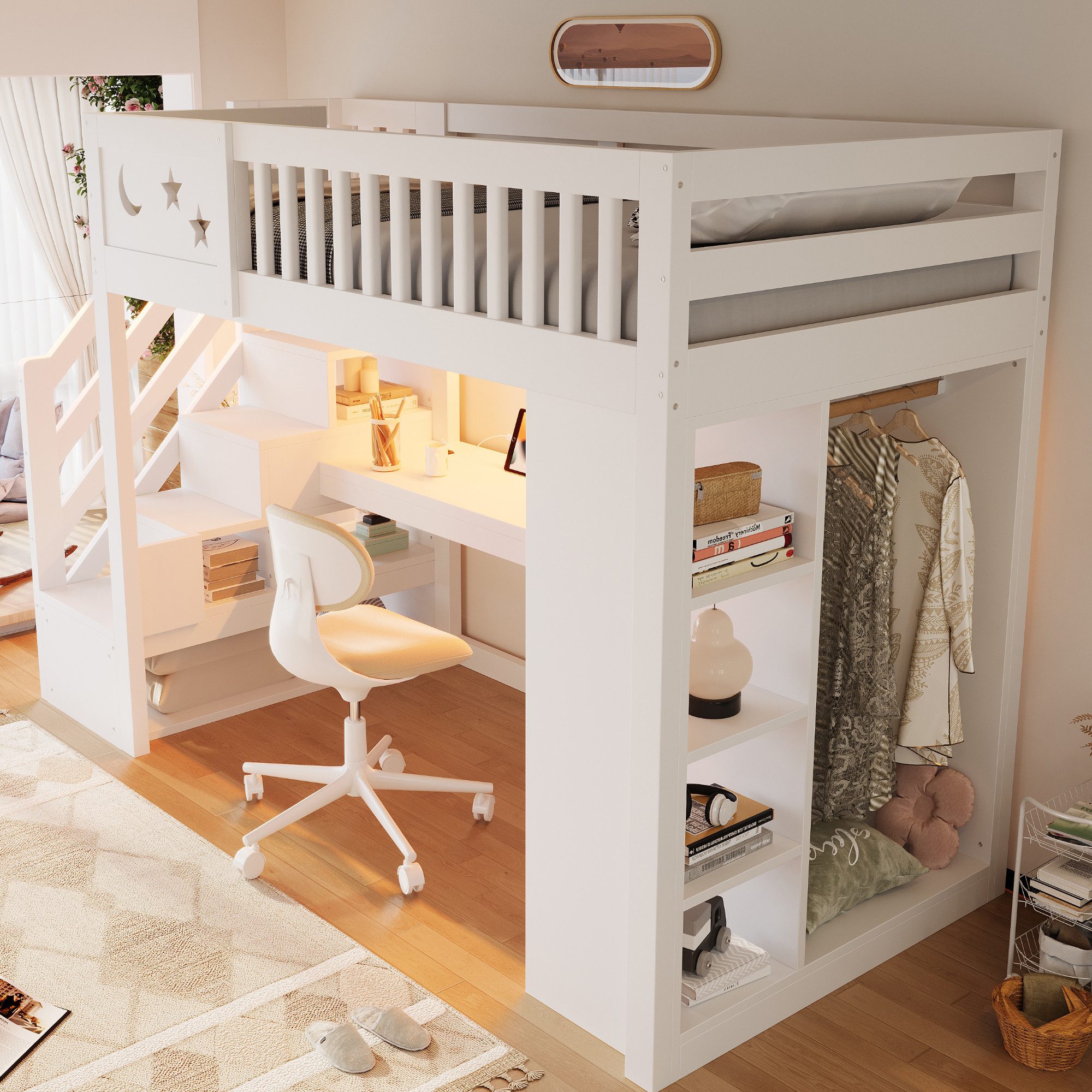i@home Hochbett Aus Holz-Hochbett,Multifunktionsbett,Loft-Bett,mit Stauraum,90x200cm mit Schreibtisch,LED-Beleuchtung,Steckdose,Kleiderschrank,Weiß – Bild 5 von 5