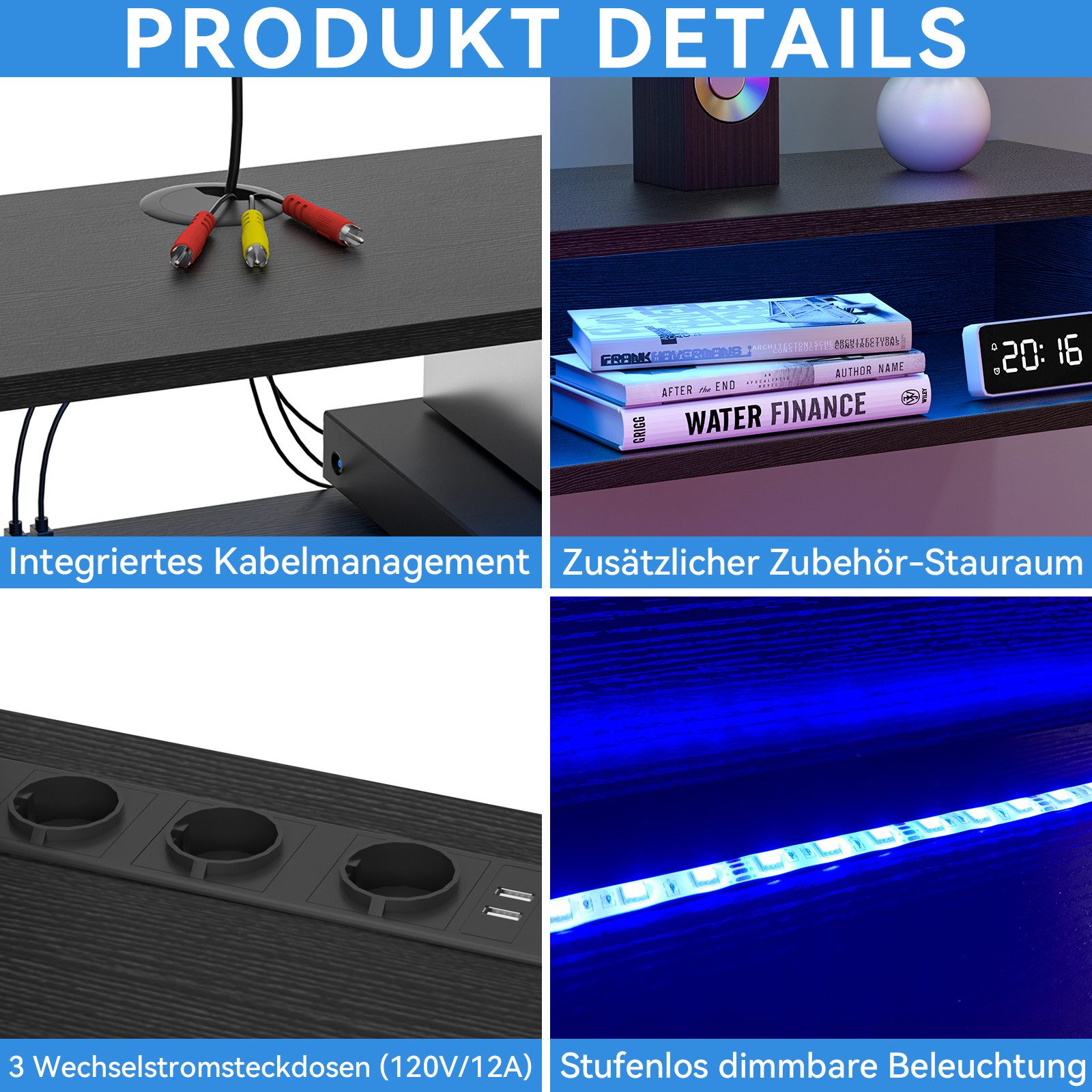 FABATO TV-Schrank schwebender und hängender Fernsehschrank, Lowboard mit LED-Licht mit Steckdosen und Ablagefach für Wohnzimmer, Schwarz, 150*28*15 cm
