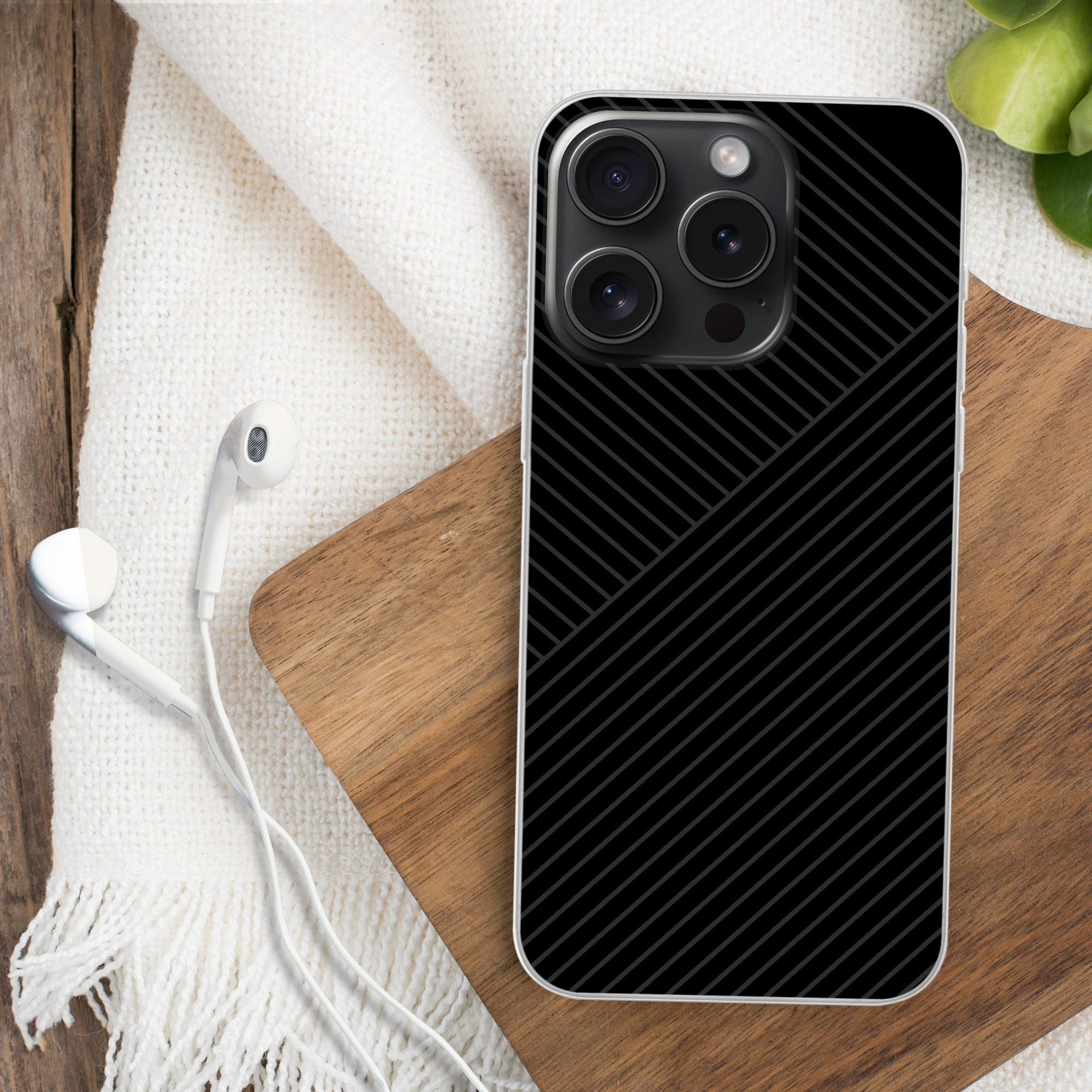 MuchoWow Handyhülle für Apple iPhone 15 Pro Linien - Abstrakt - Schwarz - Grau - Minimalis, Smartphone-Bumper, Print, Handy Schutzhülle Dünn