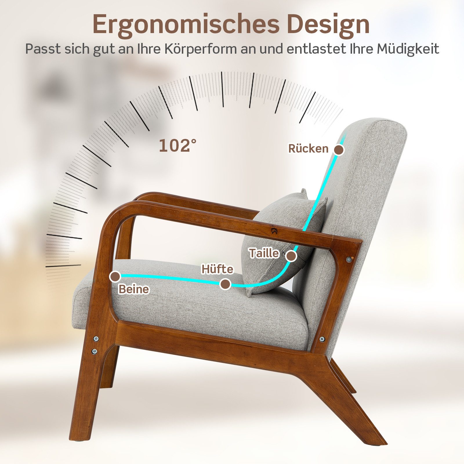 COSTWAY Relaxsessel, gepolstert, mit Armlehnen & Kissen, Holz, 65x79x77cm