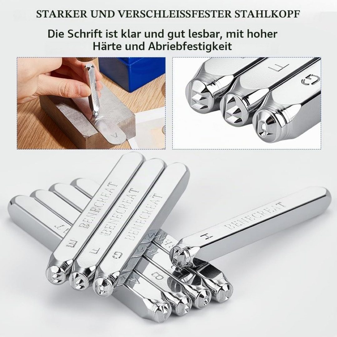 Benecreat Stempel 36-teiliges Metallstempel-Set Alphabet Zahlen 3 mm Metall Leder Holz, 36-teiliges Metallstempel-Set mit 3 mm Abdruckhöhe und Box – Bild 2 von 5