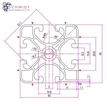 SCHMIDT systemprofile Profil 2m Aluminium Maßbandprofil 40x40mm Nut 8 Strebenprofil Nutprofil