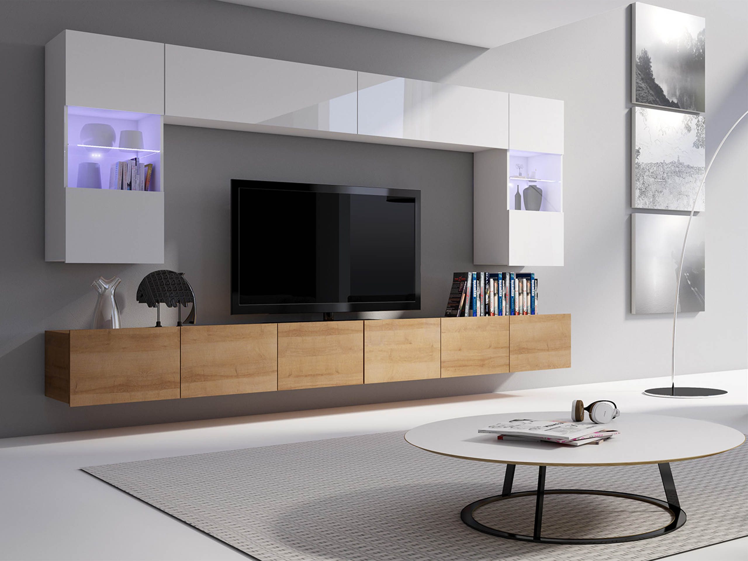 MIRJAN24 Wohnwand Calabrini I, (6er-Set, 2x TV-Lowboard, 2x Wandregal, 2x Hängevitrine), LED-Beleuchtung als Option