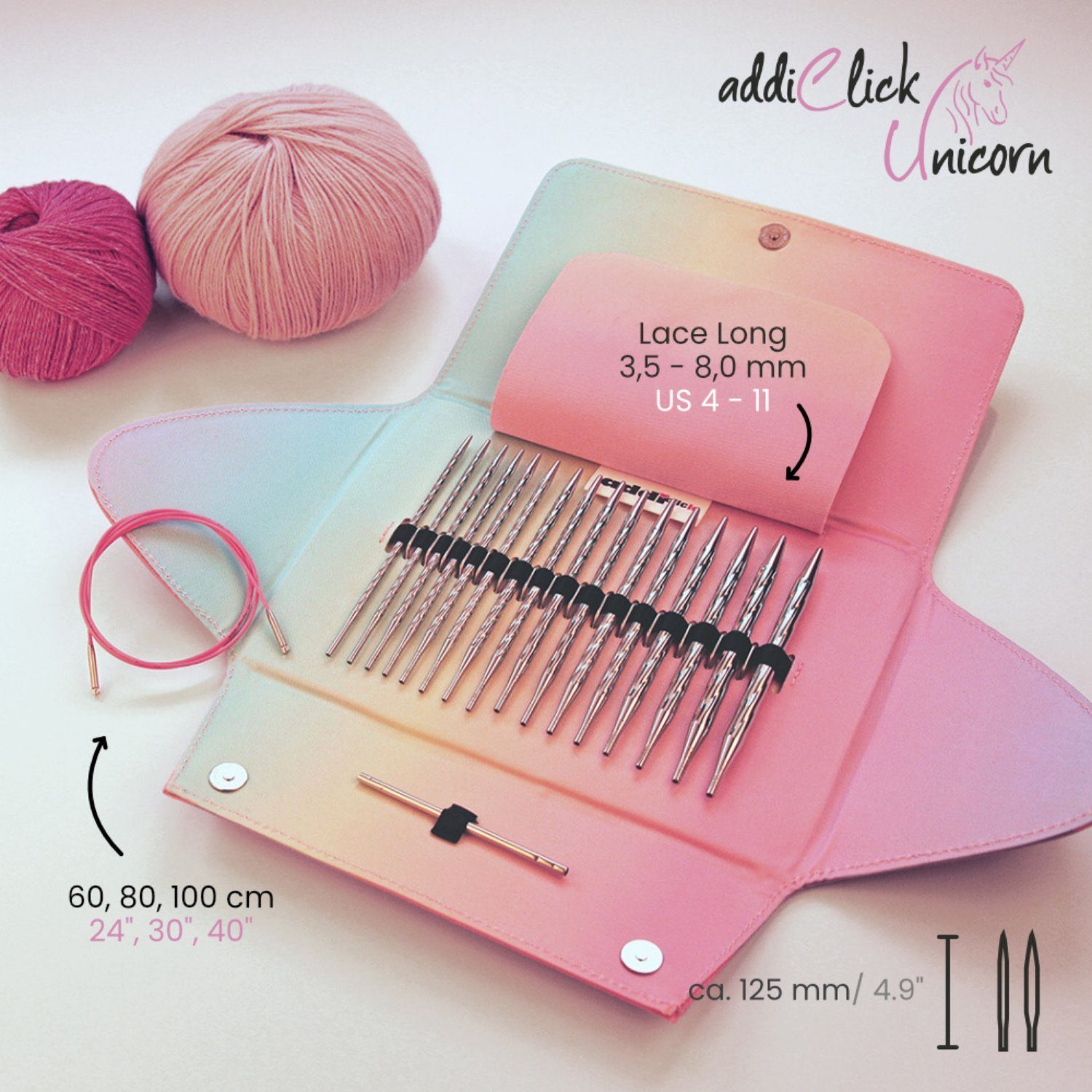 addi Rundstricknadeln addiClick Unicorn Lace Long Rundstricknadel-Set, innovatives addiUnicorn Stricknadel-Set, Rundstricknadel-Set, Messing, Weißbronze, Spiralstruktur, Stecksystem