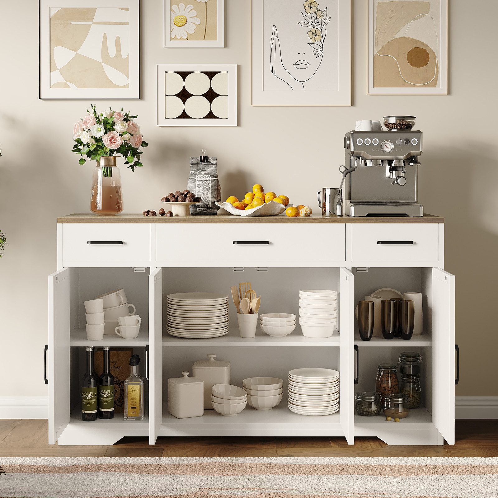 GarveeMore Sideboard mit 3 Schubladen, verstellbare Böden, für Wohnzimmer, Esszimmer, Flur, weißer Korpus mit schwarzer/brauner Tischplatte, 140x40x80 cm