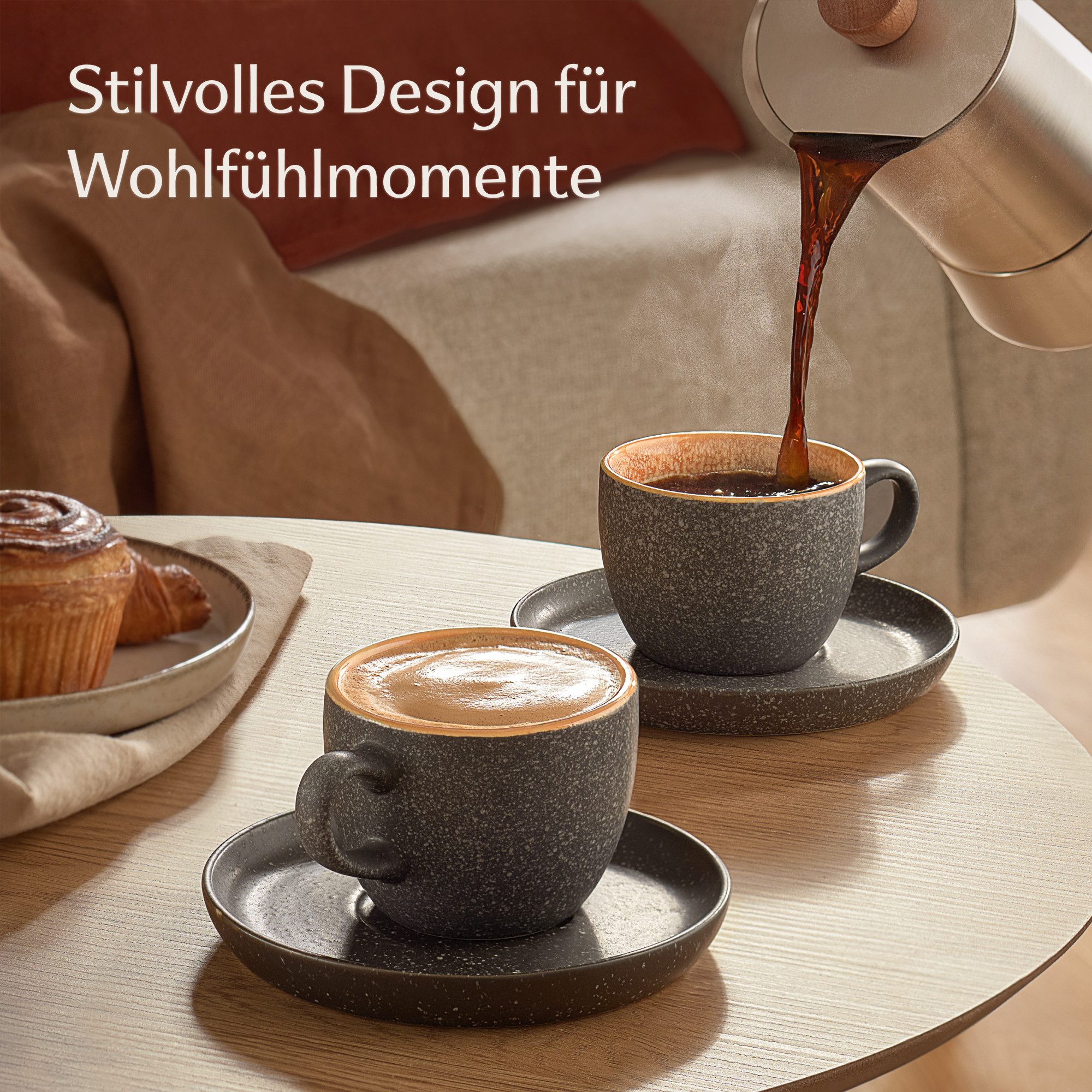 Cosumy Cappuccinotasse Cappuccino Tassen mit Untertassen 4er Set gelb, 8-tlg., Keramik, Warm