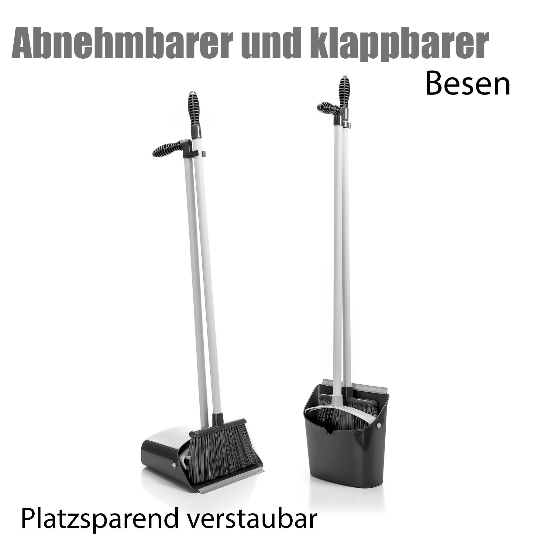 BigDean Kehrgarnitur Kehrschaufel Set mit Besen in Grau, ., (Set, 1-tlg., Besen + Kehrblech), Bückfreie Kehrgarnitur, Besen und Kehrblech, Klappbar