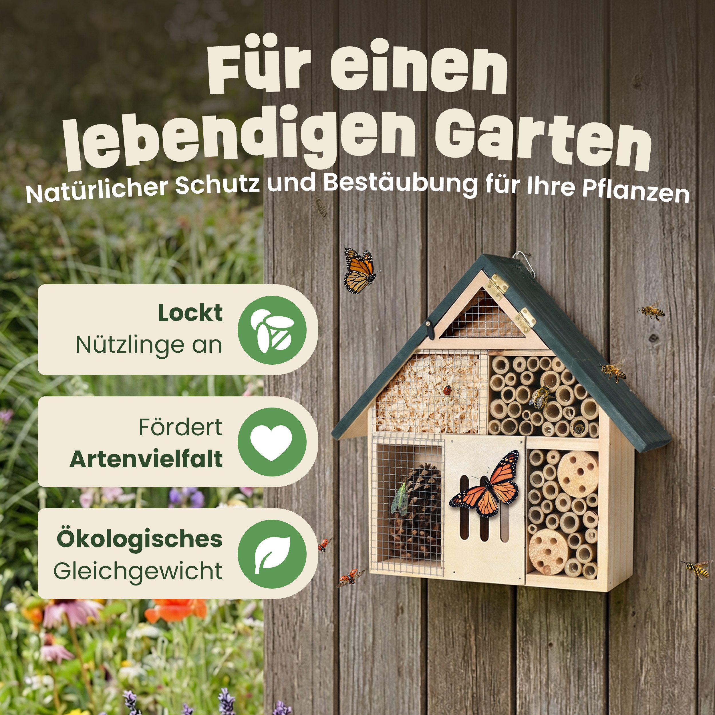 Zooprinz Insektenhotel Insektenhaus zum Aufhängen XXL 28,5 x 41 cm Vollholz, Tannenzapfen, Bambus, Holzspäne, Holzschlitz, Holz mit Löchern