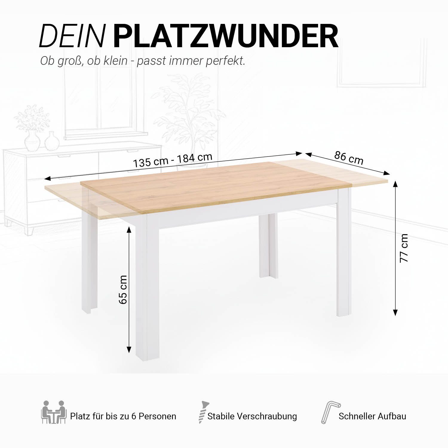 Homestyle4u Esstisch Esszimmertisch 86x135 bis 86x186 ausziehbar Holztisch Küchentisch Weiß, Esszimmertisch, Platte Wotan Eiche Optik