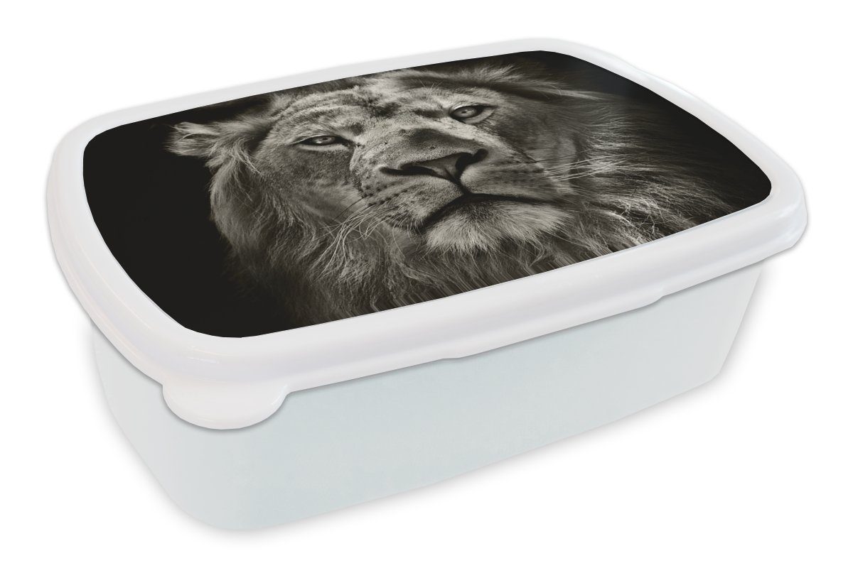 MuchoWow Lunchbox Löwe - Tiere - Porträt - Wildtiere - Schwarz und weiß, Kunststoff, (2-tlg), Brotbox für Kinder und Erwachsene, Brotdose, für Jungs und Mädchen