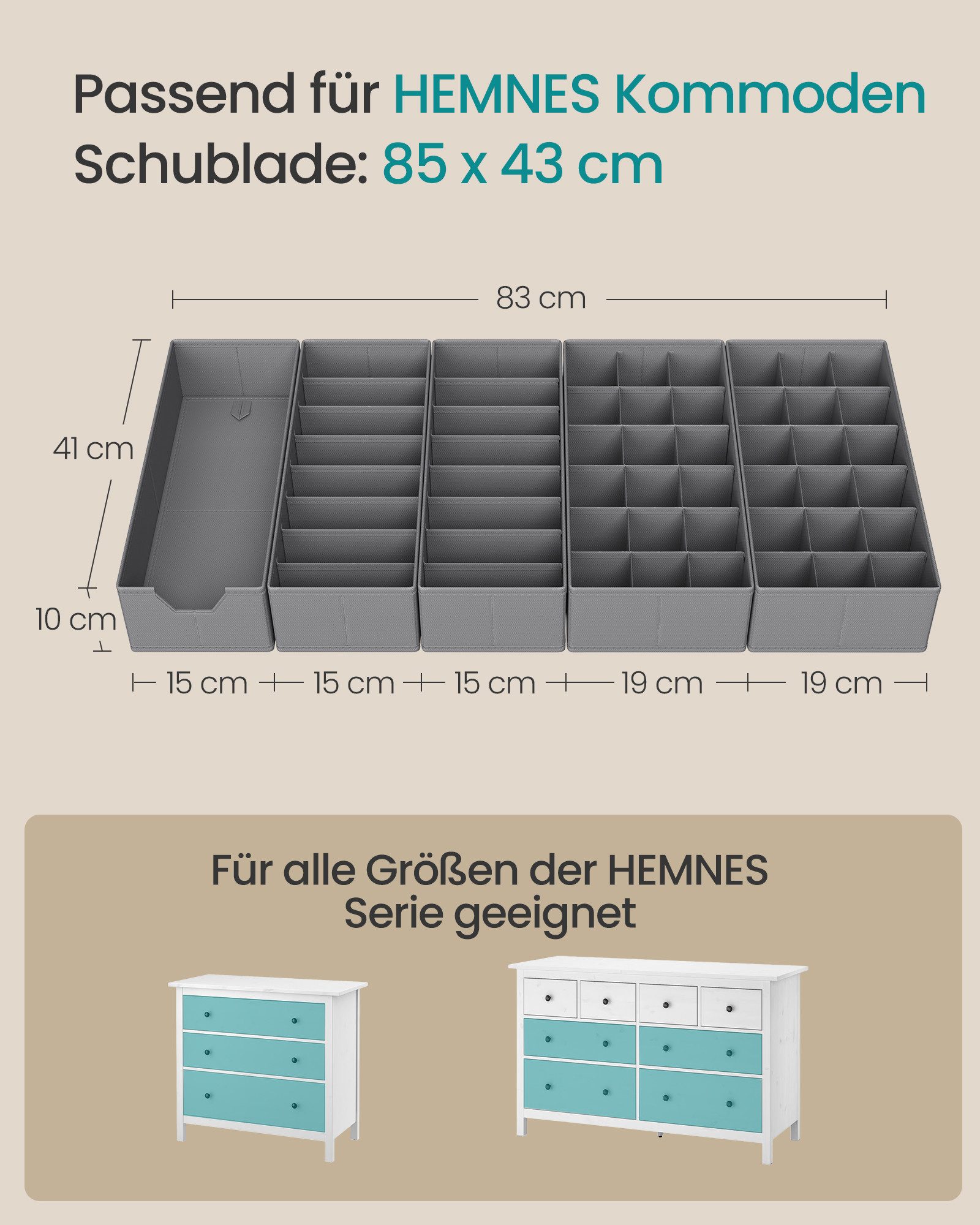 SONGMICS Aufbewahrungsbox Schubladen-Organizer, faltbar, Schrank-Organizer, für Unterwäsche und Socken, 15/19 x 41 x 10 cm, Schrank-Organizer – Bild 2 von 5