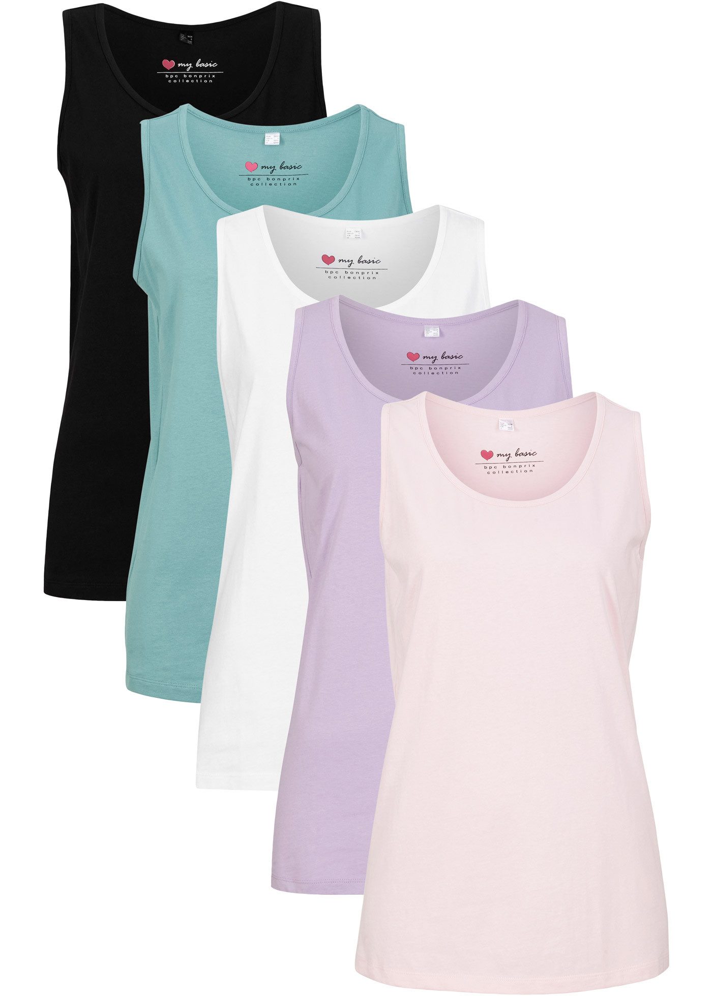 bonprix Longtop (Packung, 5-tlg) figurumspielende Passform, ohne Ärmel und Kragen, unifarben