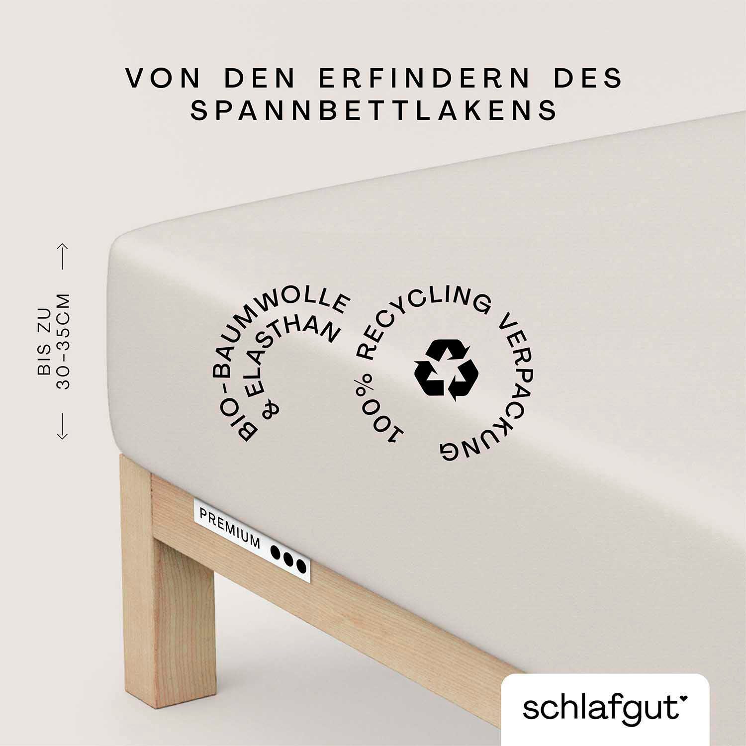 Schlafgut Spannbettlaken PREMIUM Mako-Zwirn-Jersey, 220 g/m², 95% Bio-Baumwolle, 5% Elasthan, Mako-Zwirn-Jersey, Gummizug: rundum, (1 Stück), Bettlaken bis 30 cm Höhe, PREMIUM-Qualität langlebig, perfekter Sitz