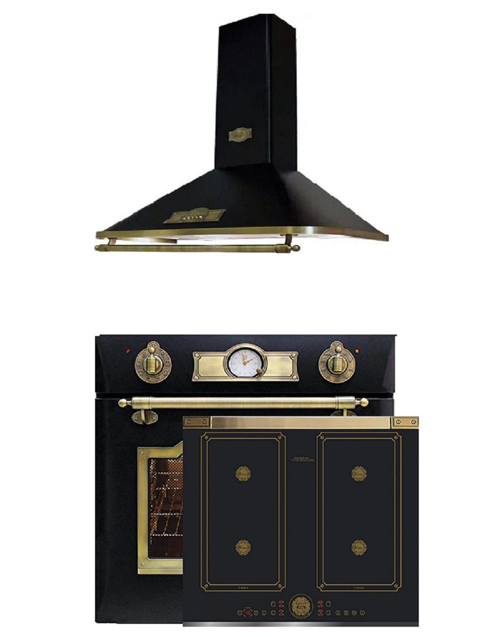 Kaiser Küchengeräte Backofen-Set Retro Elektro Backofen 60 cm+Induktionskochfeld 60 cm FREE ZONE mit 2 FLEX Induktions-Zonen+Dunstabzugshaube 60 cm Schwarz 910 m³/h Eh 6355 Em+KCT 6745 AD+A 6315 Em ECO, mit 1-fach-Teleskopauszug, Retro Elektro Backofen 60cm+Induktionskochfeld 60 cm+Dunstabzugshaube