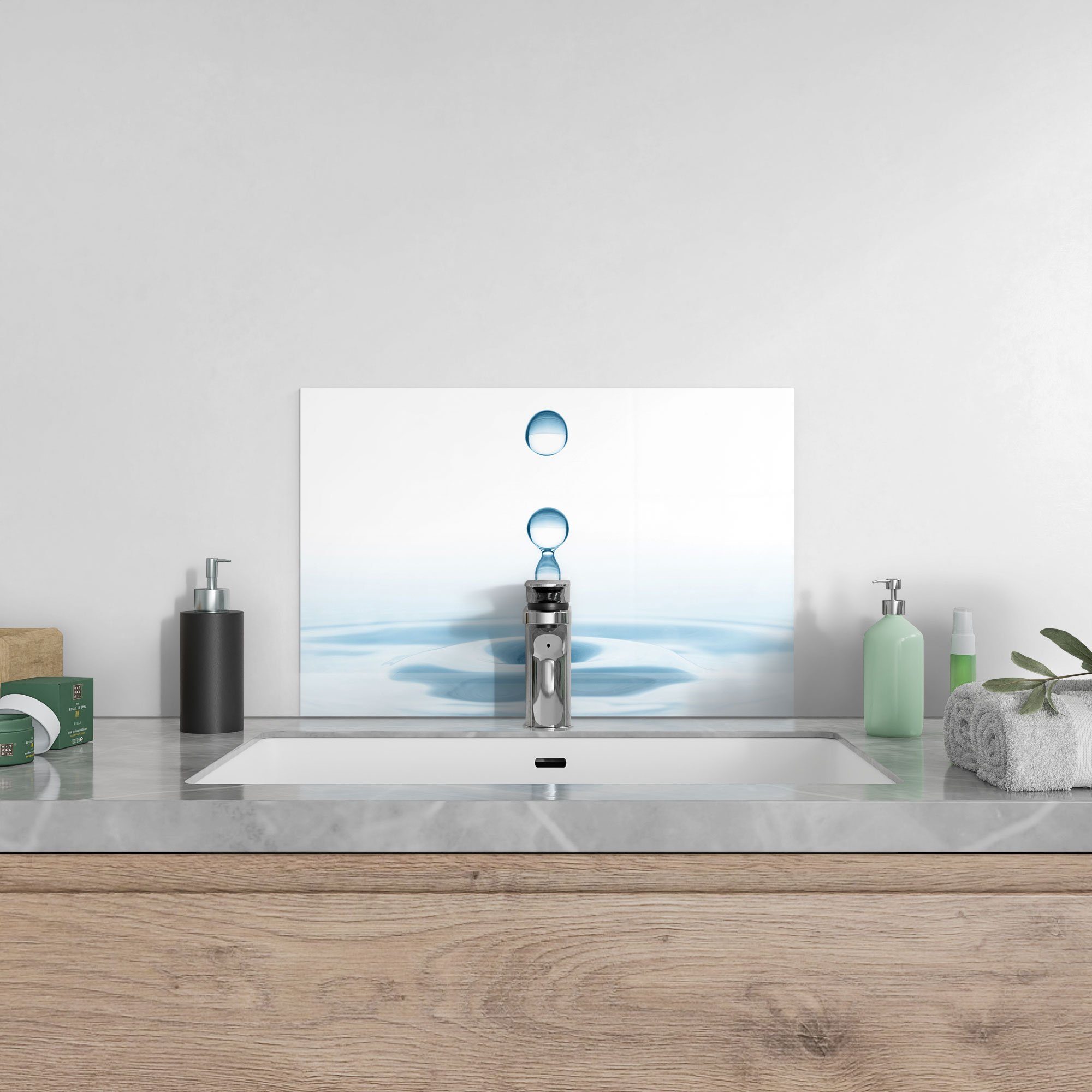 Herdblende Badrückwand Glas Spritzschutz Wassertropfen', DEQORI Küchenrückwand 'Fallende