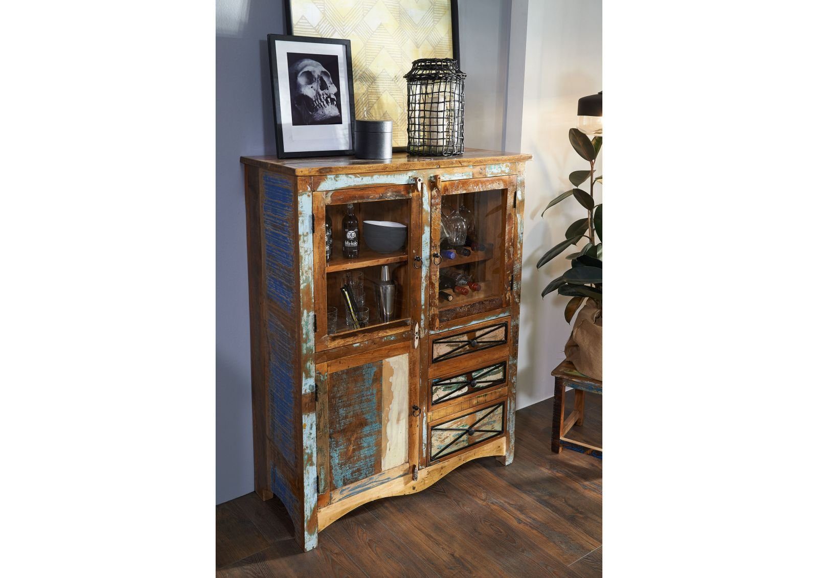 Massivmoebel24 Highboard (Massivholz), Altholz 106x45x136 mehrfarbig lackie günstig online kaufen