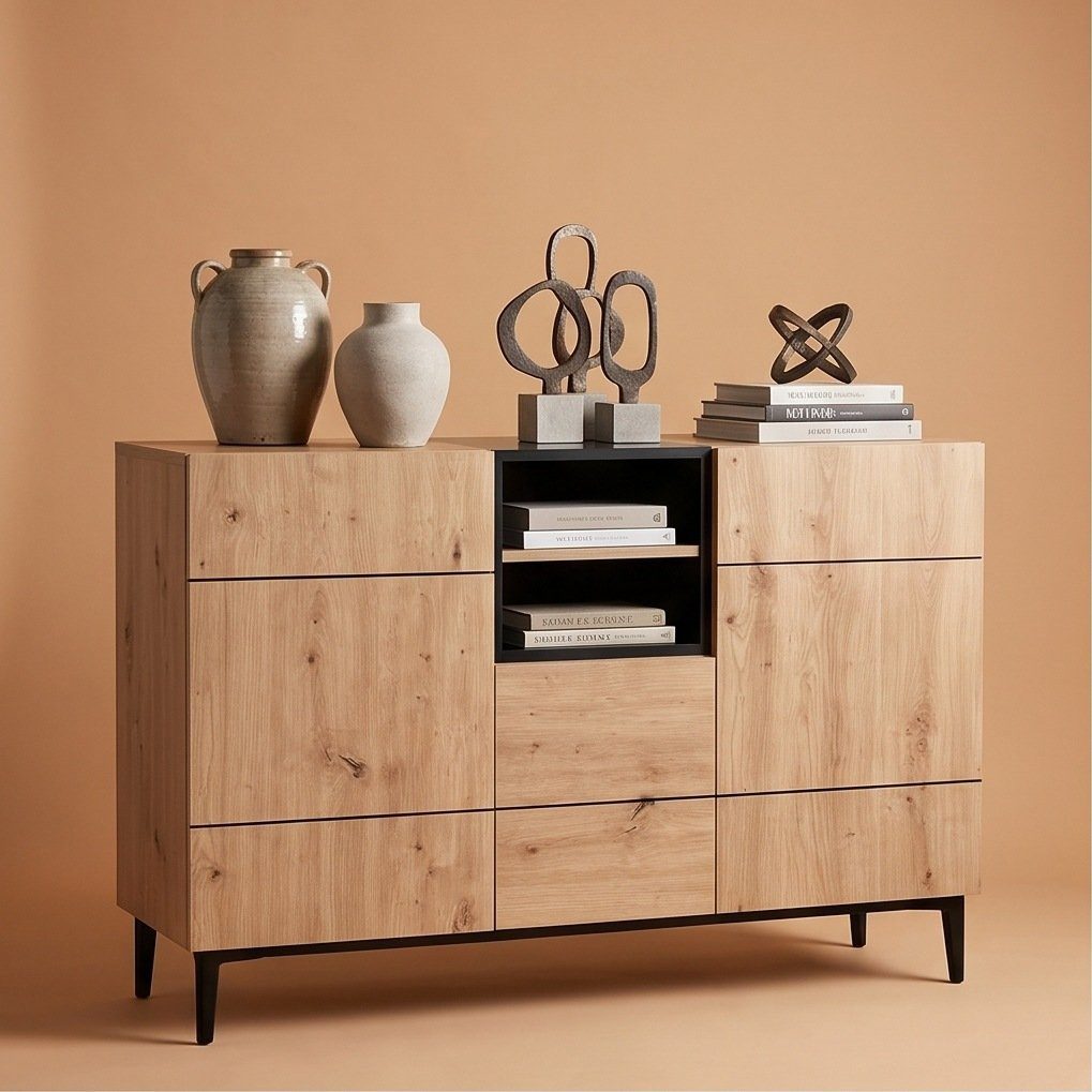 Newroom Sideboard Wildeiche 120 cm, Wildeiche Sideboard Vintage Industrial Highboard Anrichte Wohnzimmer