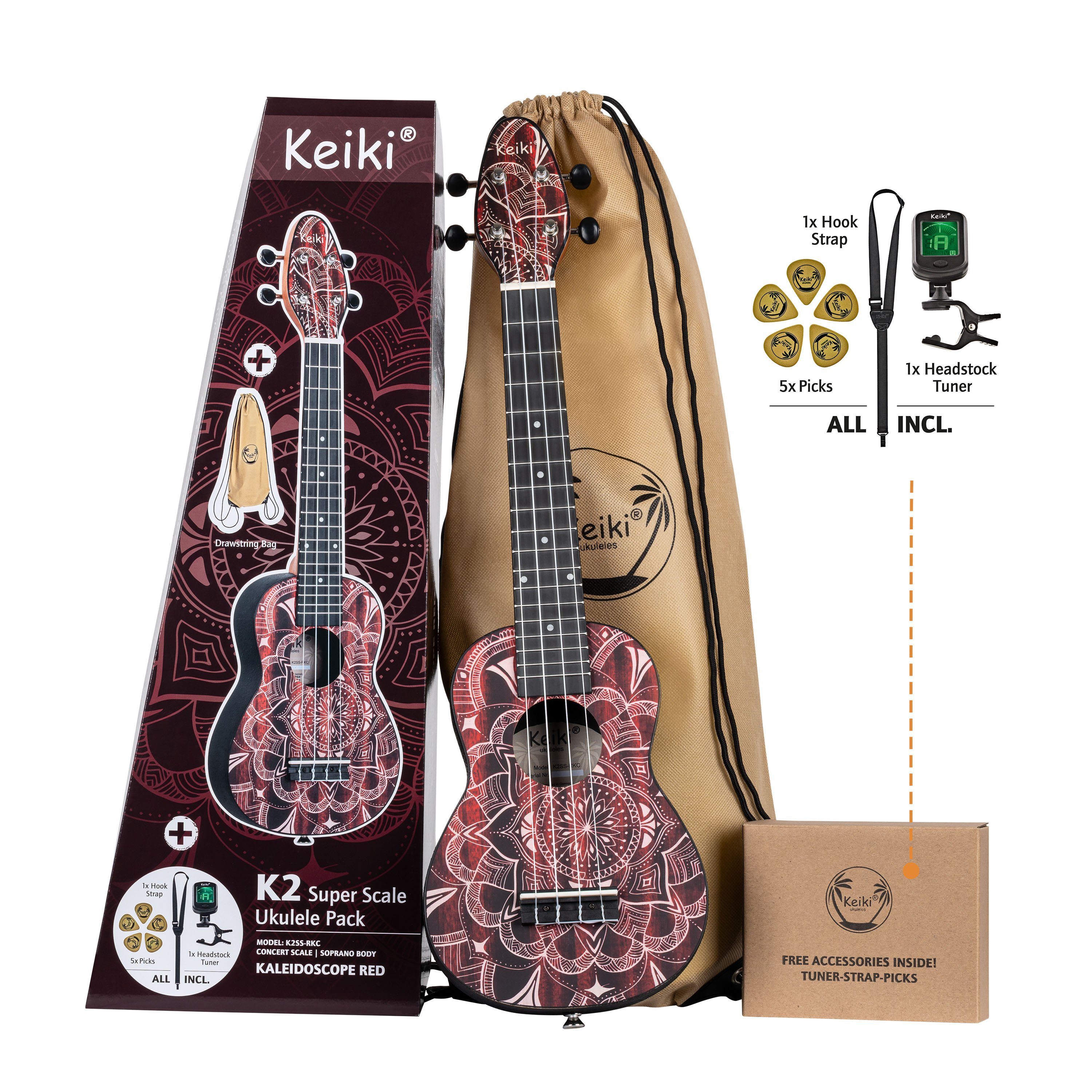 Keiki Ukulele K2 Super Scale Komplettset, mit Tuner, Gurt, Plektren und Tasche