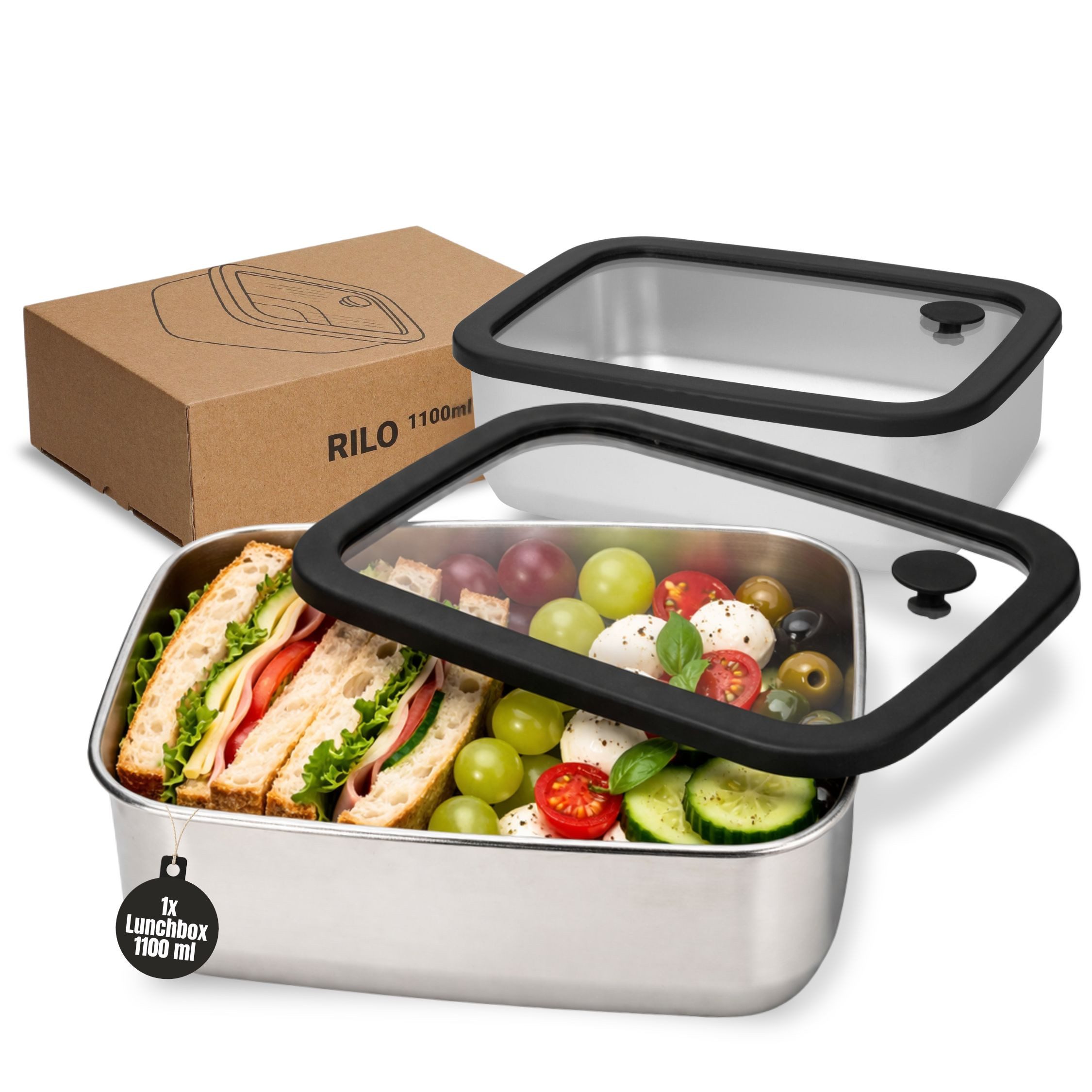 elasto Lunchbox Edelstahl Box mit Glasdeckel 1100 ml auslaufsichere Brotdose Edelstahl