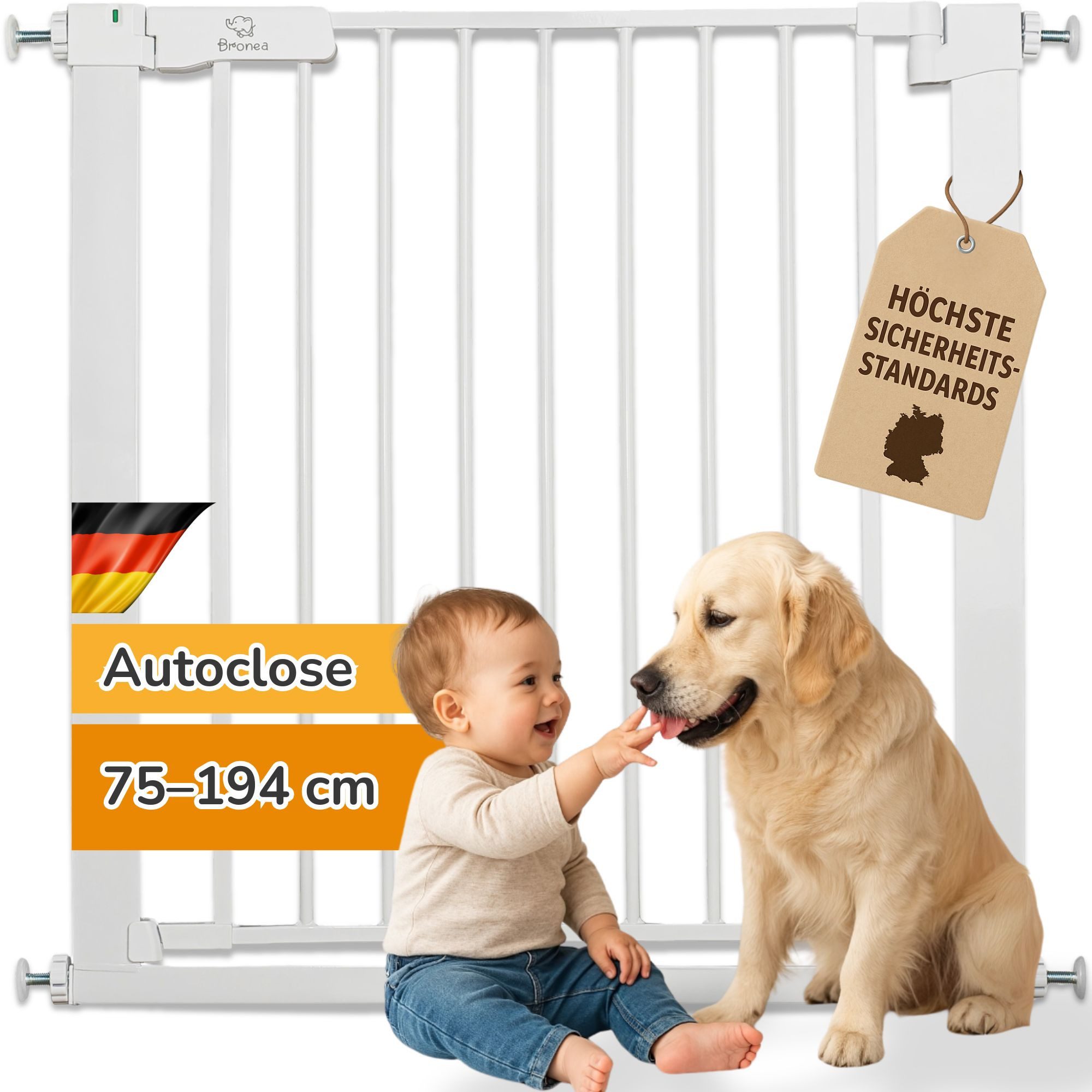 Bronea Treppenschutzgitter LUCA-M Treppengitter ohne Bohren Treppenschutzgitter Türgitter (zum Klemmen, 75-194 cm verlängerbar), 3-faches Schloss & Rot-Grün Sicherheitssystem, Auto-Close, 90° Stopp