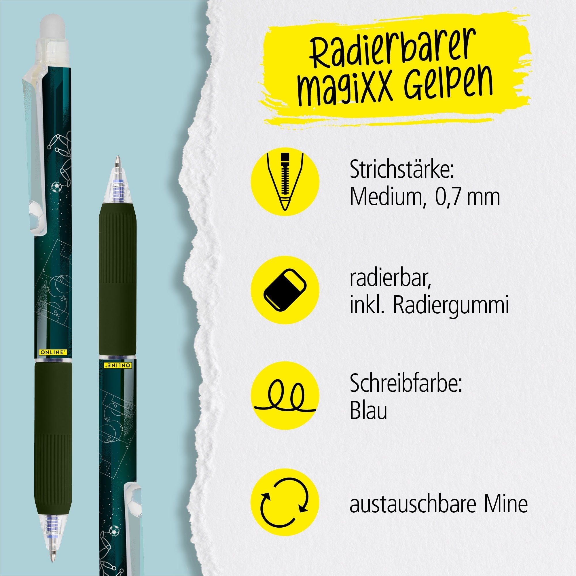 Online Pen Tintenroller magiXX Design, (Radierbarer Gelschreiber blau, Soft-Touch-Griffstück), Gelpen für Schüler, Studenten, Büro