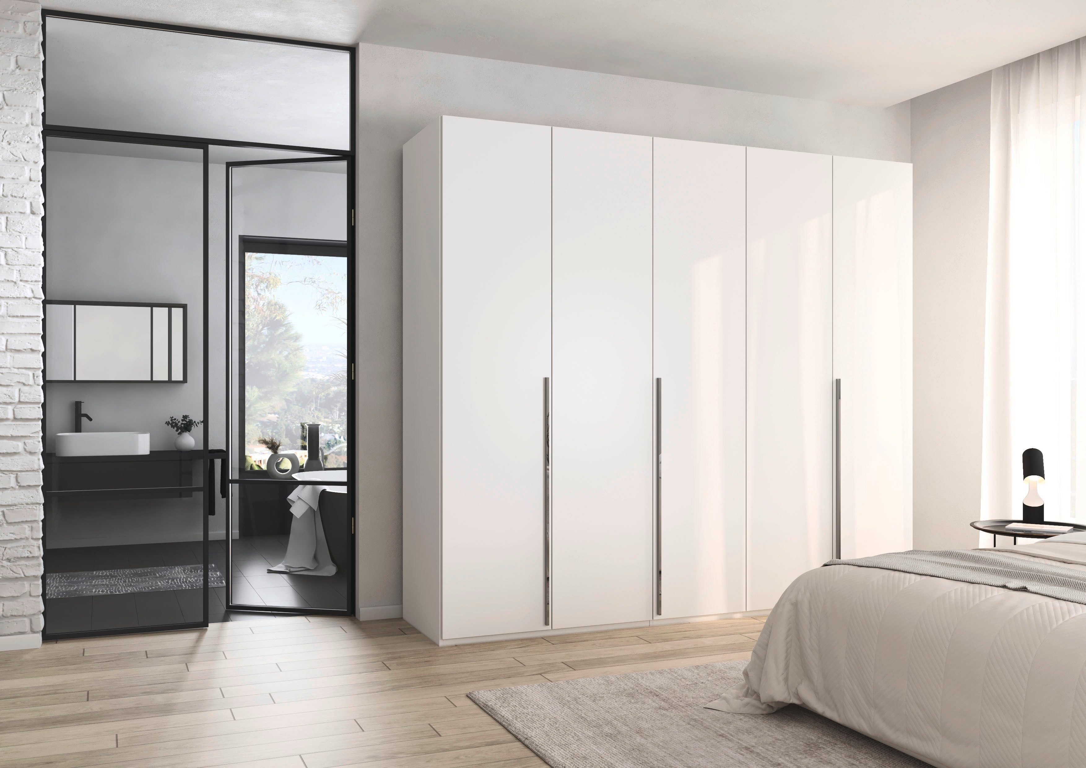 rauch Drehtürenschrank Kleiderschrank Schrank Garderobe Wäscheschrank BESTSELLER MONTCLAR (3 Ausstattungen BASIC/CLASSIC/PREMIUM (SOFT-CLOSE), Breiten 201-400 cm) Front in Glas/Hochglanz/Dekor/Grauspiegel in 5 Breiten MADE IN GERMANY