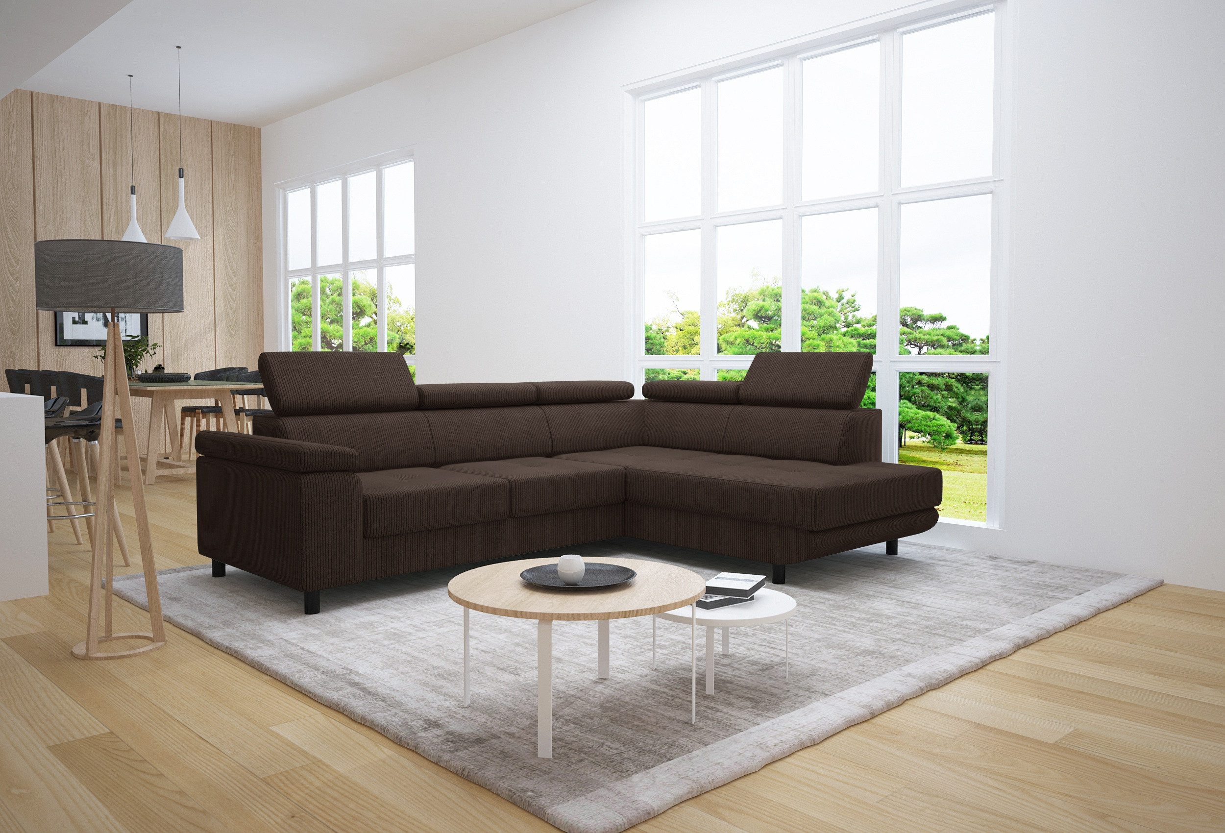 thematys Ecksofa LUNA L mit Schlaffunktion & Bettkasten – aus Velours oder Cord Stoff, mit 5 verstellbaren Kopfstützen, – L-Form 250×183 cm – Schlafsofa mit Auszug