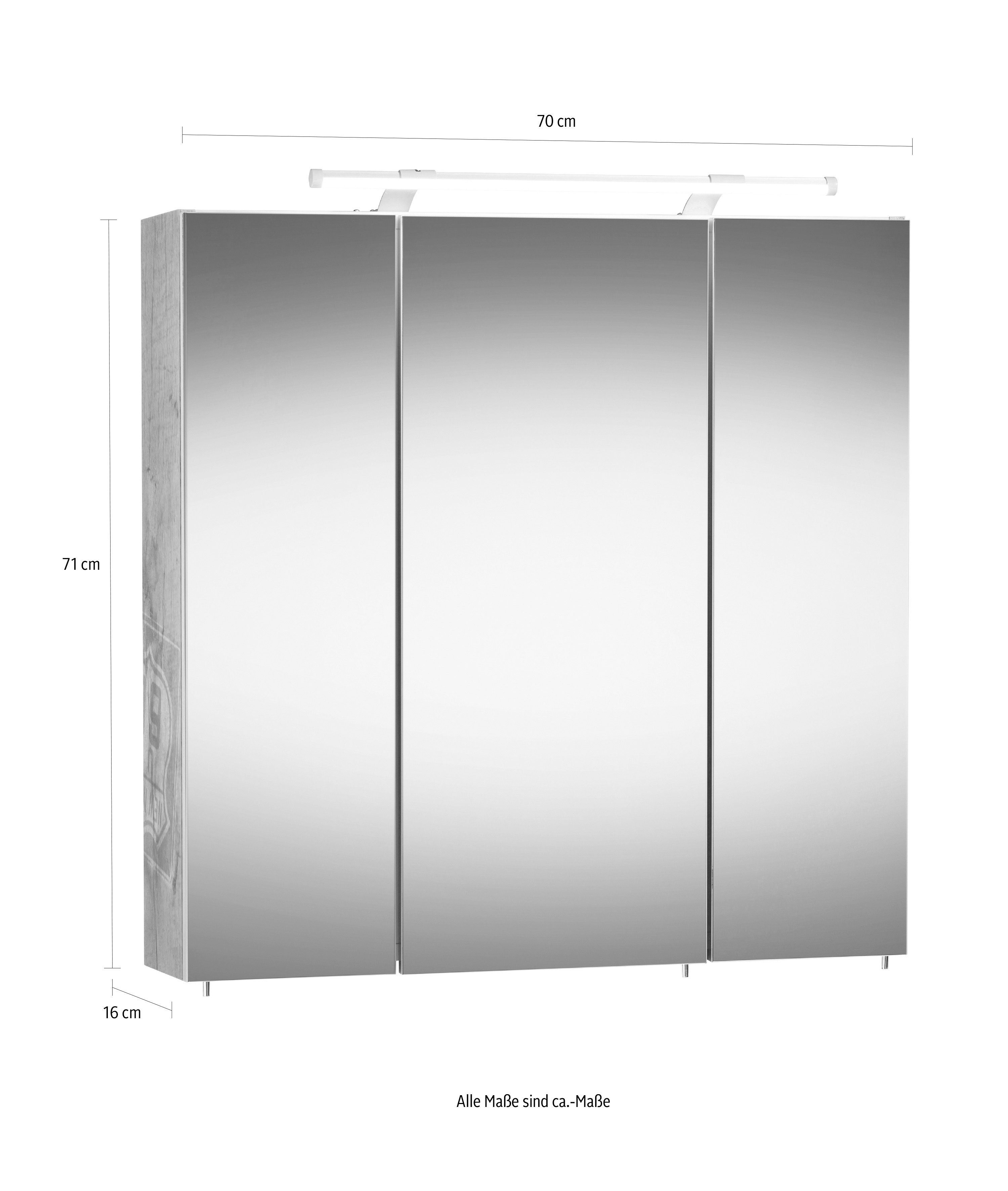Schildmeyer Spiegelschrank 3-türig, Breite | Schalter-/Steckdosenbox eschefarben LED-Beleuchtung, Dorina 70 grau cm, grau eschefarben
