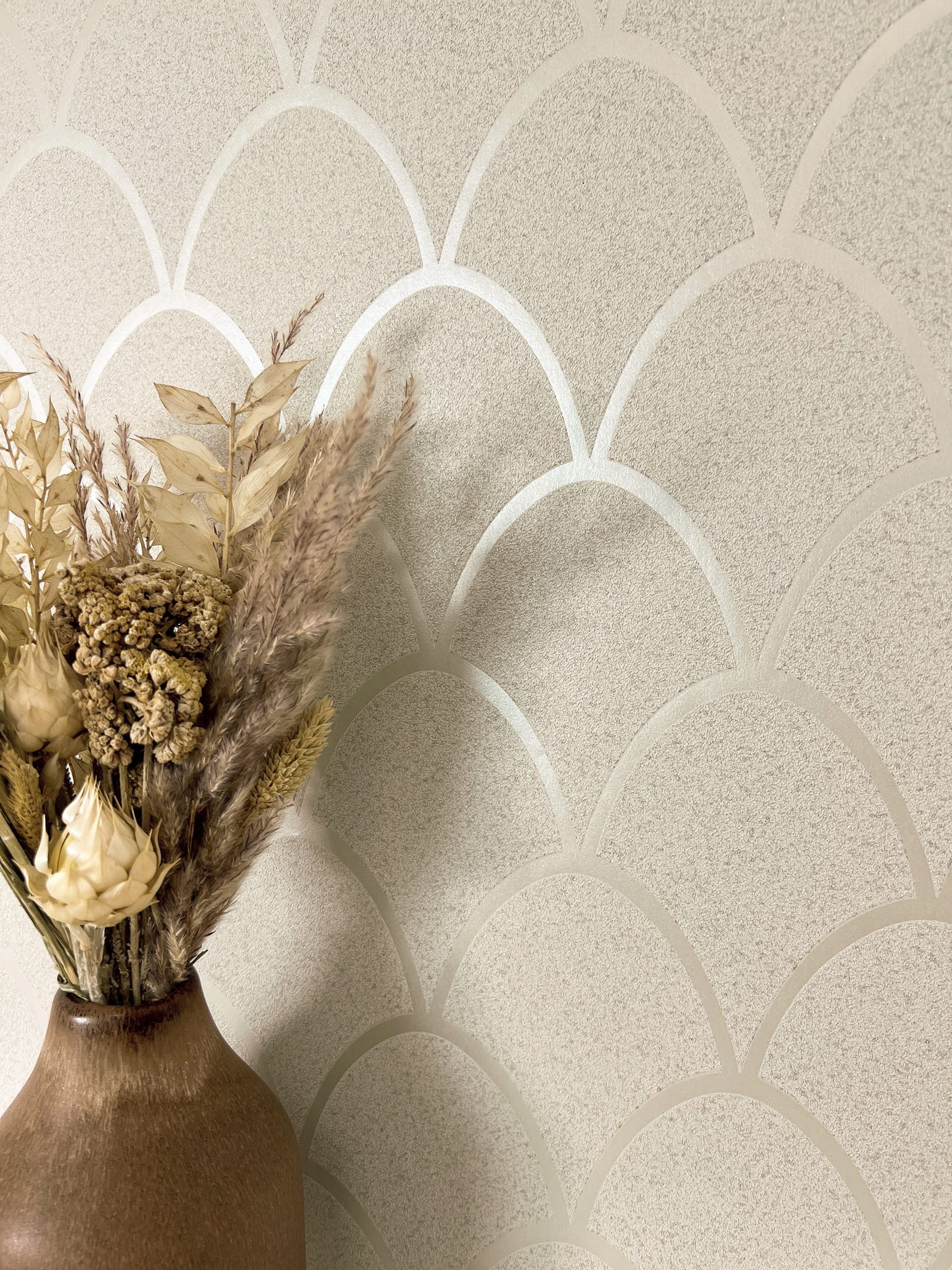 Newroom Vliestapete Zeesa Beige Tapete Mustertapete Fischschuppen,Glanz,Glitzer, Beige Tapete Modern Fischschuppen