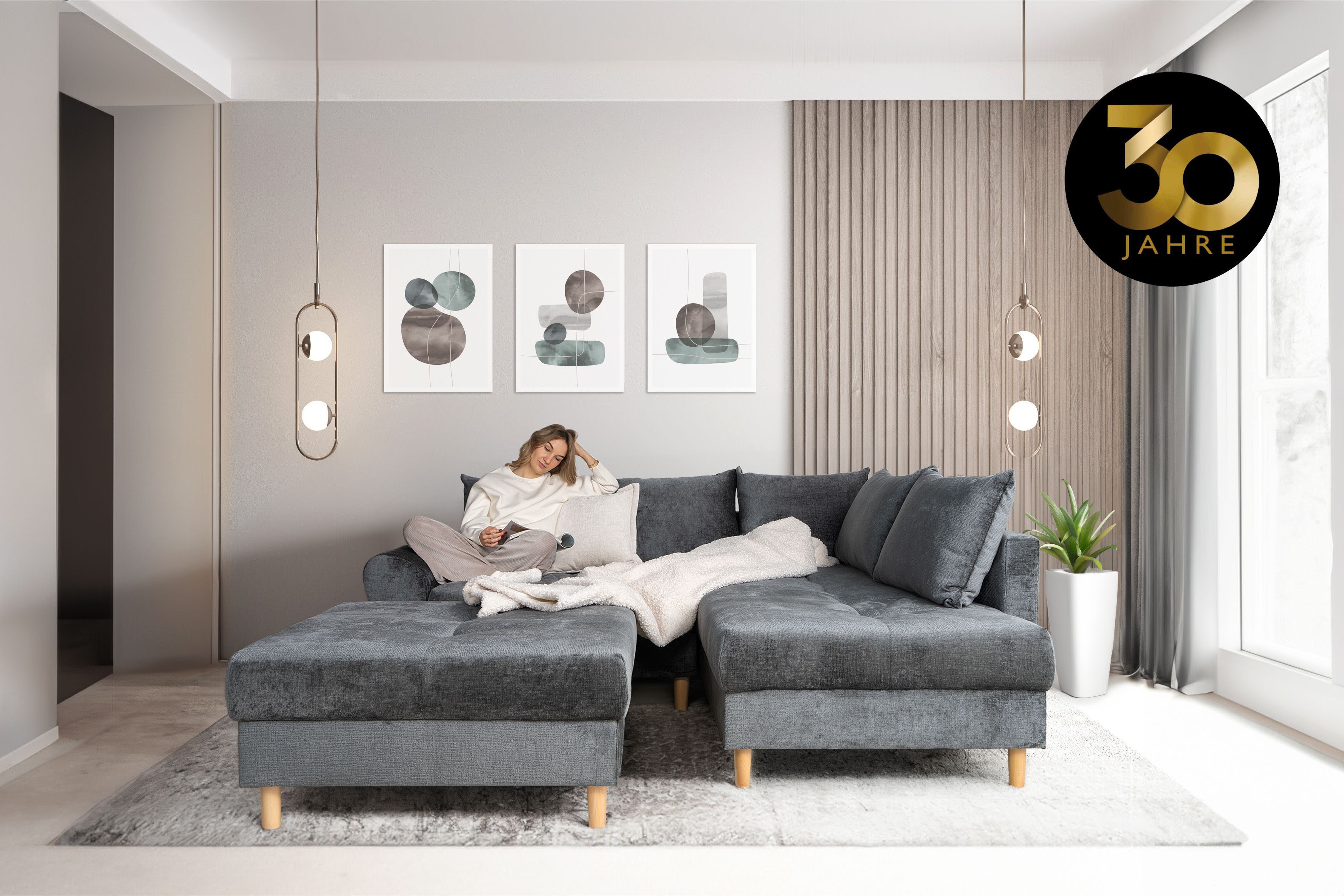 COLLECTION AB Ecksofa Reims L-Form, Ottomane beidseitig montierbar, inkl. Bettfunktion und Hocker