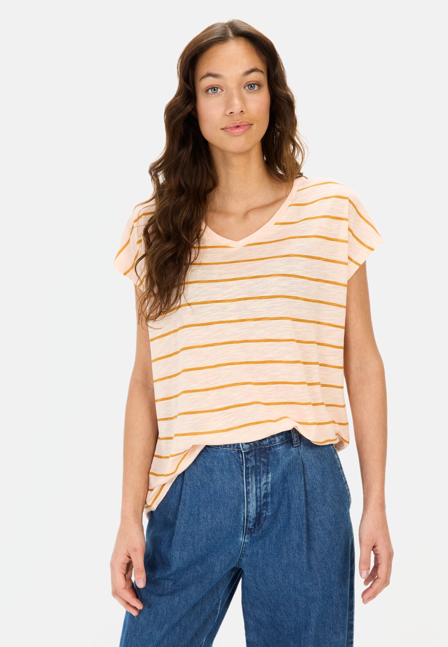 camel active Kurzarmshirt und Streifenmuster extrakurzer Arm V-Ausschnitt günstig online kaufen